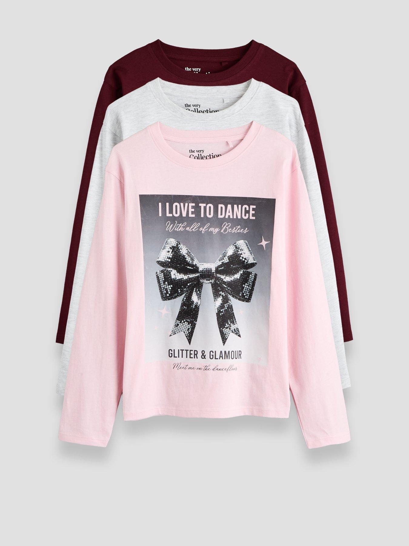 The Very Collection Girls 3 Pack Photographic Bow Print Long Sleeve Tops