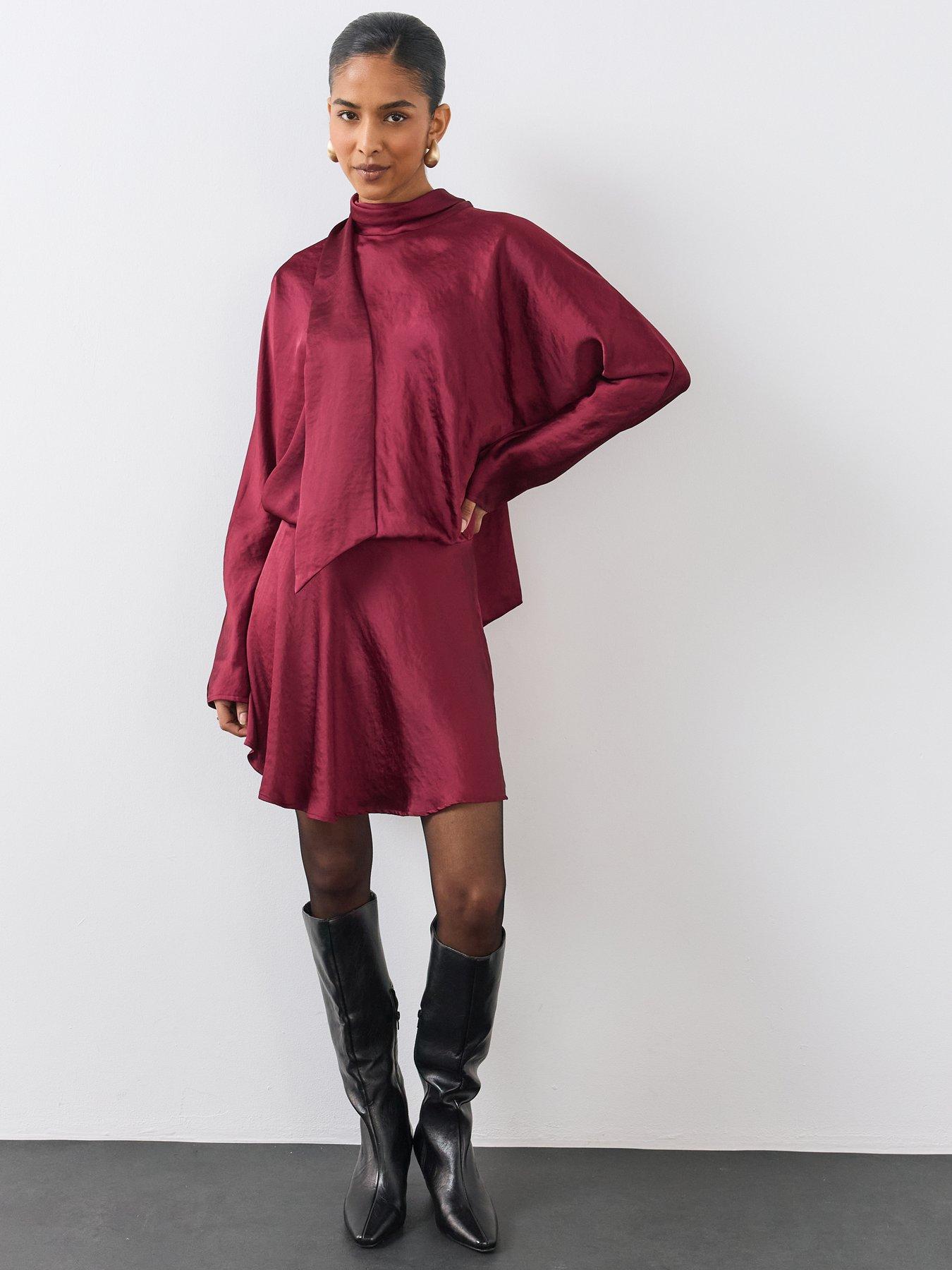 Image 1 of 6 of The Very Collection Womens&nbsp;Satin Scarf Detail Flippy Mini Dress - Burgundy