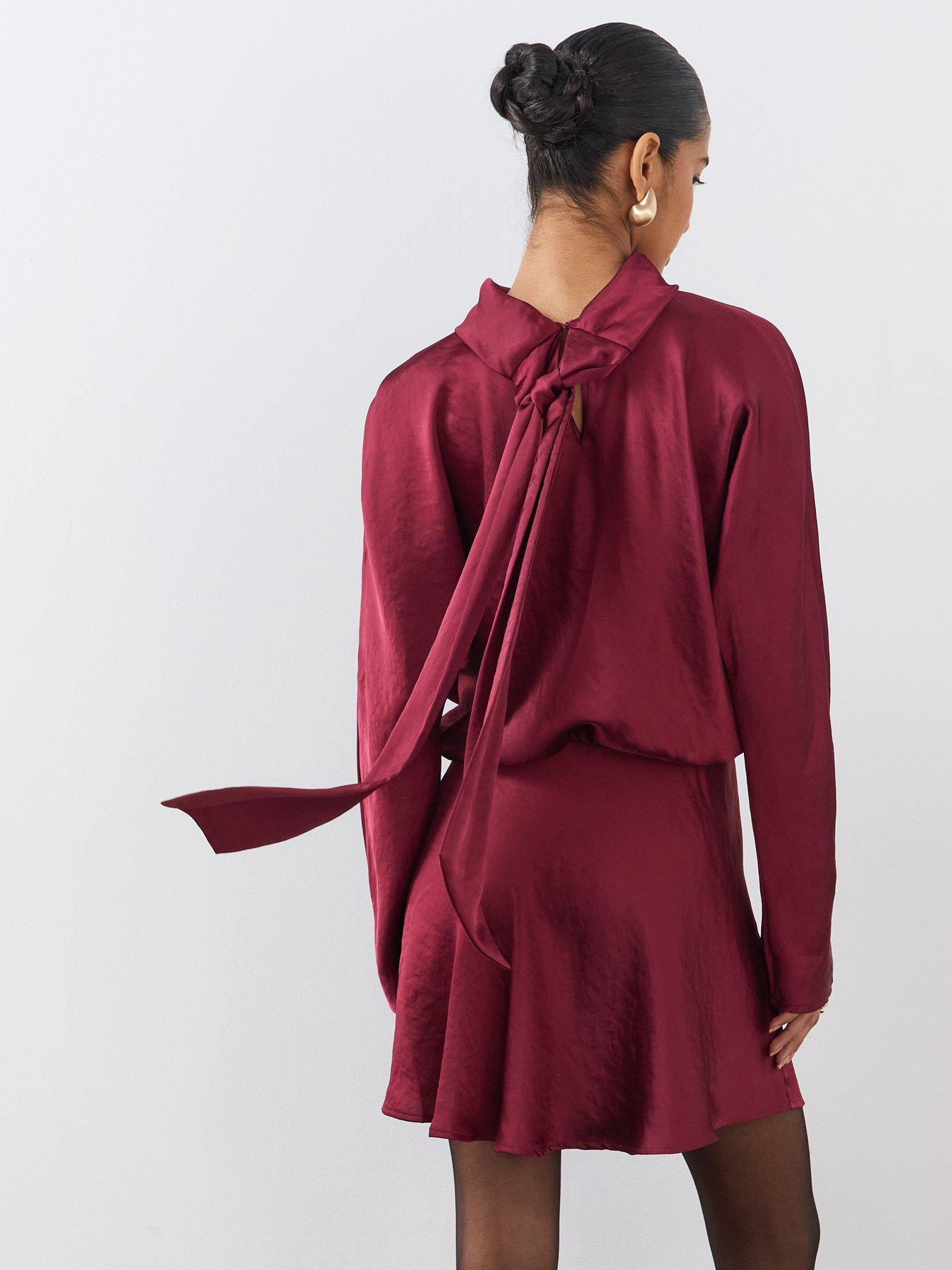 Image 2 of 6 of The Very Collection Womens&nbsp;Satin Scarf Detail Flippy Mini Dress - Burgundy