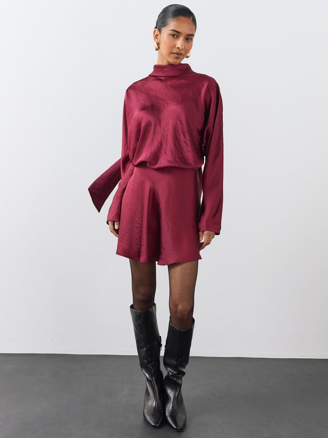 Image 3 of 6 of The Very Collection Womens&nbsp;Satin Scarf Detail Flippy Mini Dress - Burgundy