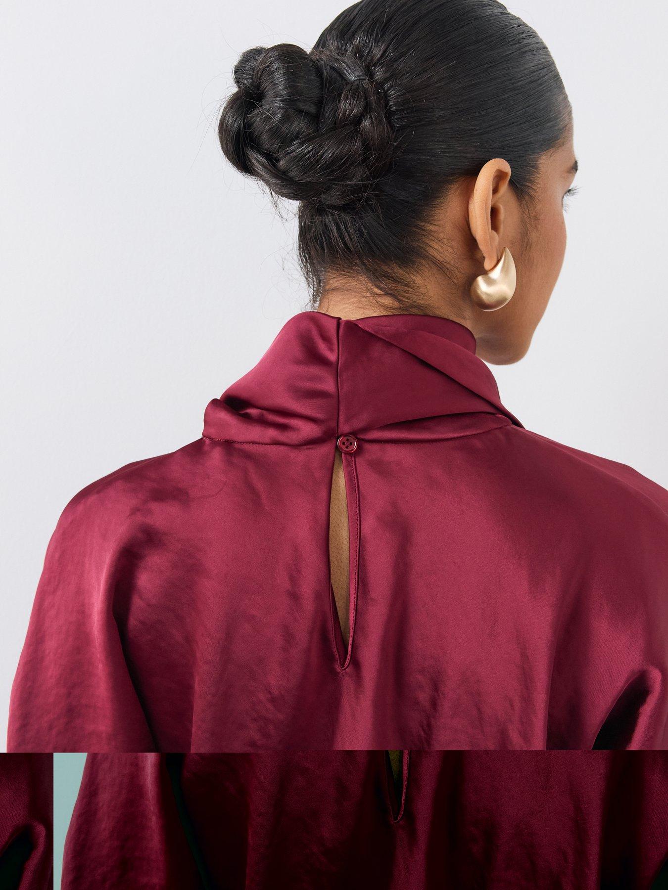 Image 4 of 6 of The Very Collection Womens&nbsp;Satin Scarf Detail Flippy Mini Dress - Burgundy