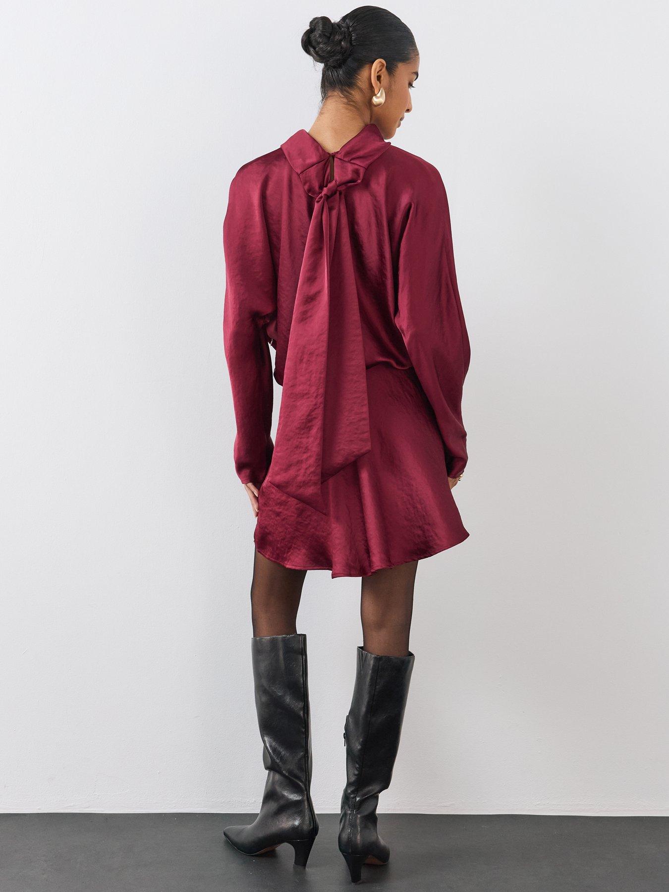 Image 5 of 6 of The Very Collection Womens&nbsp;Satin Scarf Detail Flippy Mini Dress - Burgundy