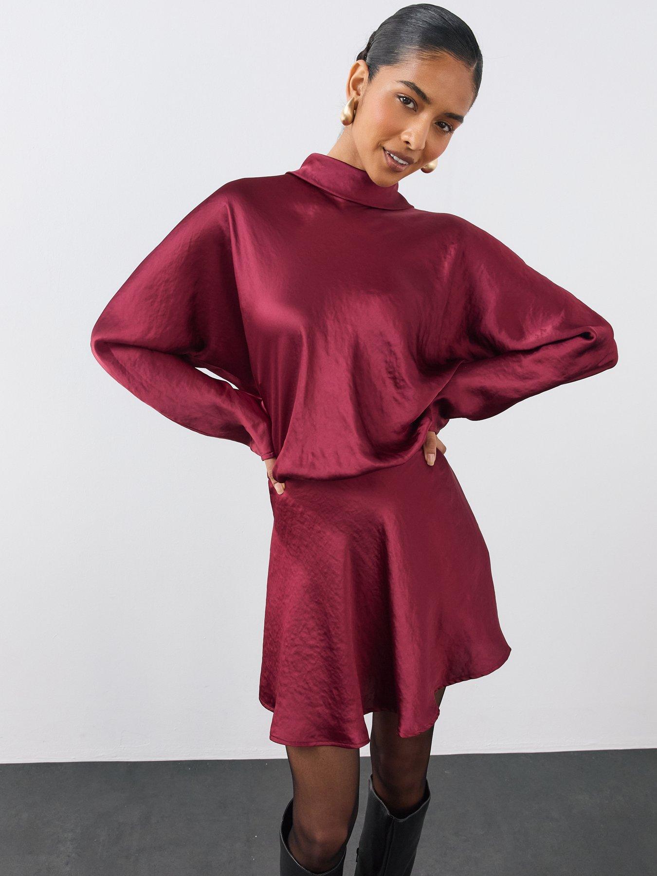 Image 6 of 6 of The Very Collection Womens&nbsp;Satin Scarf Detail Flippy Mini Dress - Burgundy