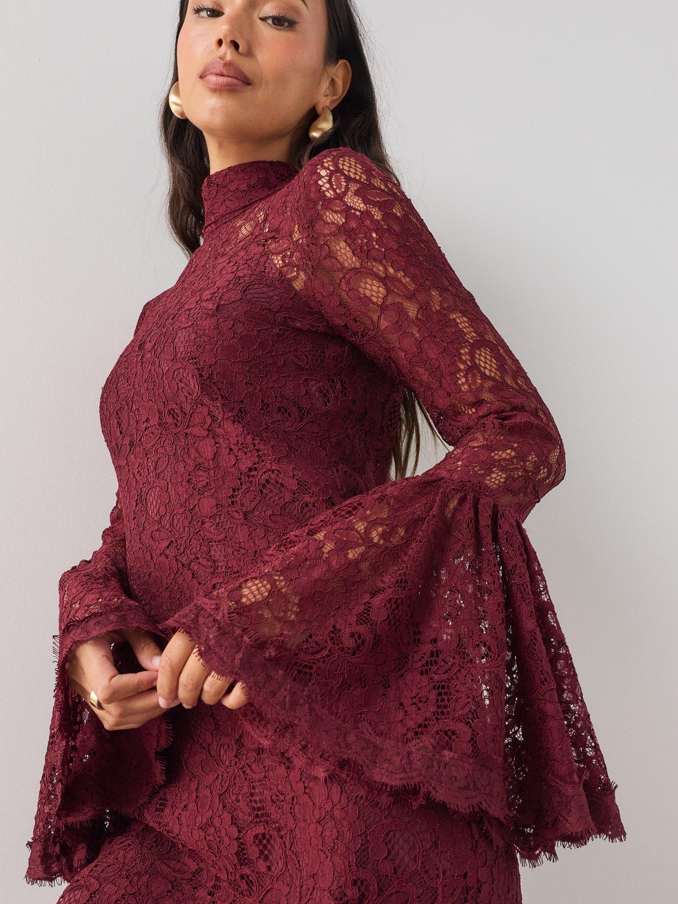 Image 4 of 7 of The Very Collection Lace Fluted Sleeve Mini Dress