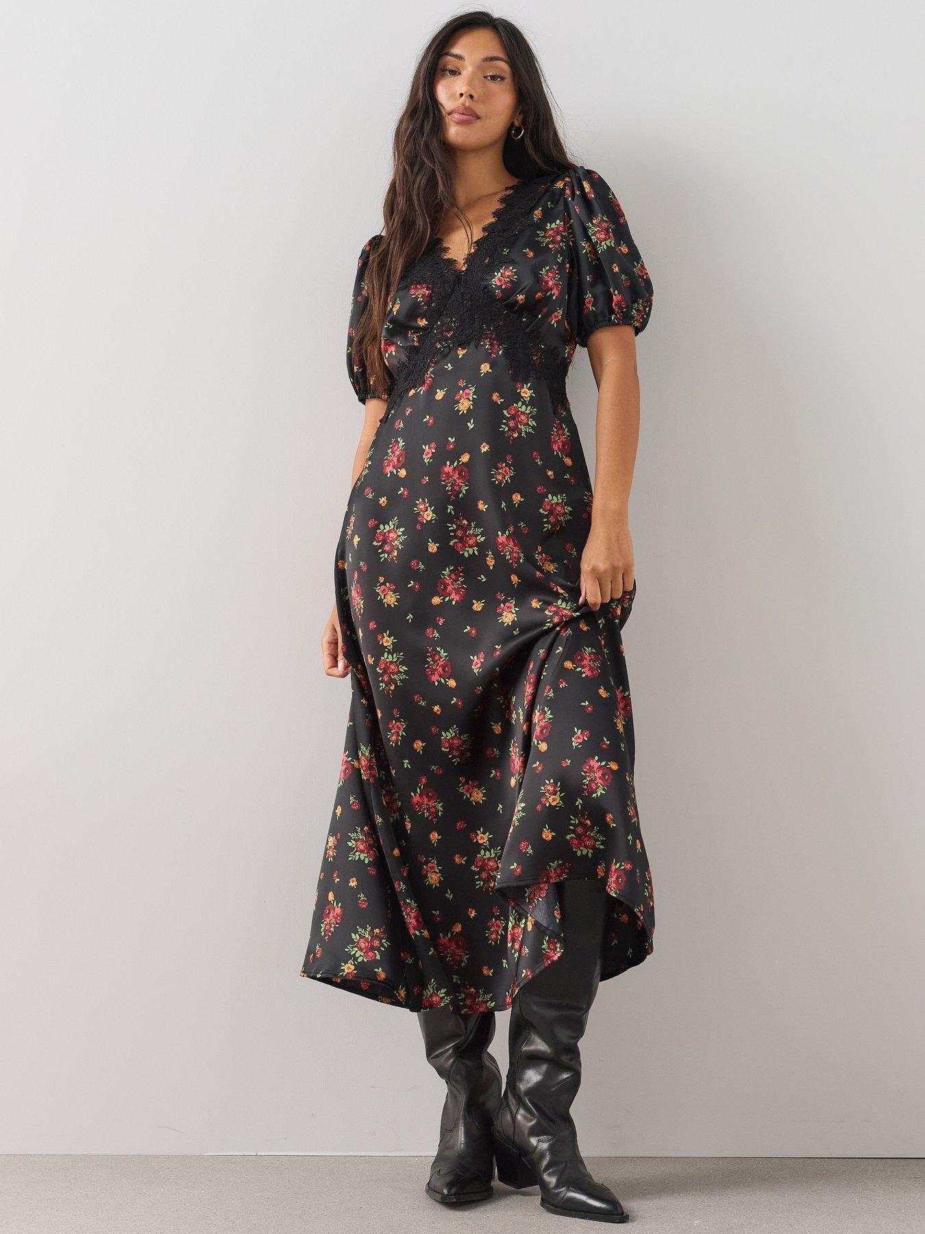 Image 1 of 7 of The Very Collection Lace Trim Satin Tea Dress - Floral