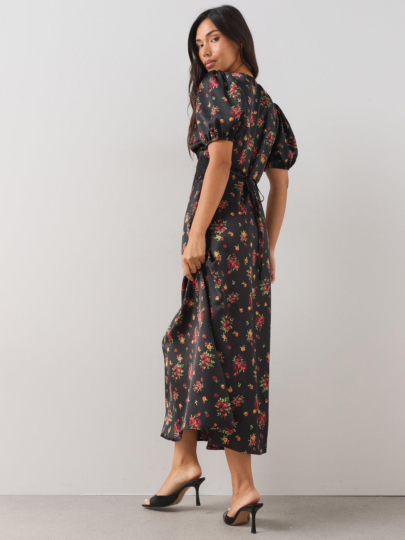 Image 2 of 7 of The Very Collection Lace Trim Satin Tea Dress - Floral
