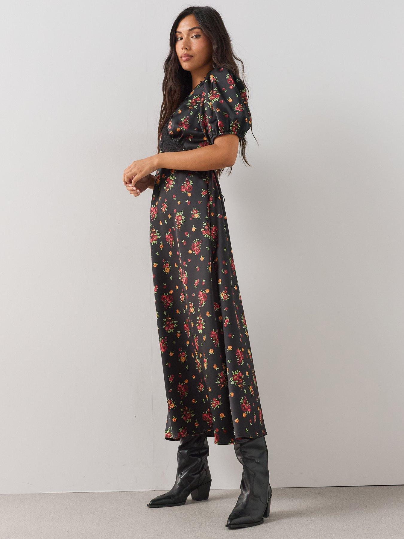 Image 3 of 7 of The Very Collection Lace Trim Satin Tea Dress - Floral