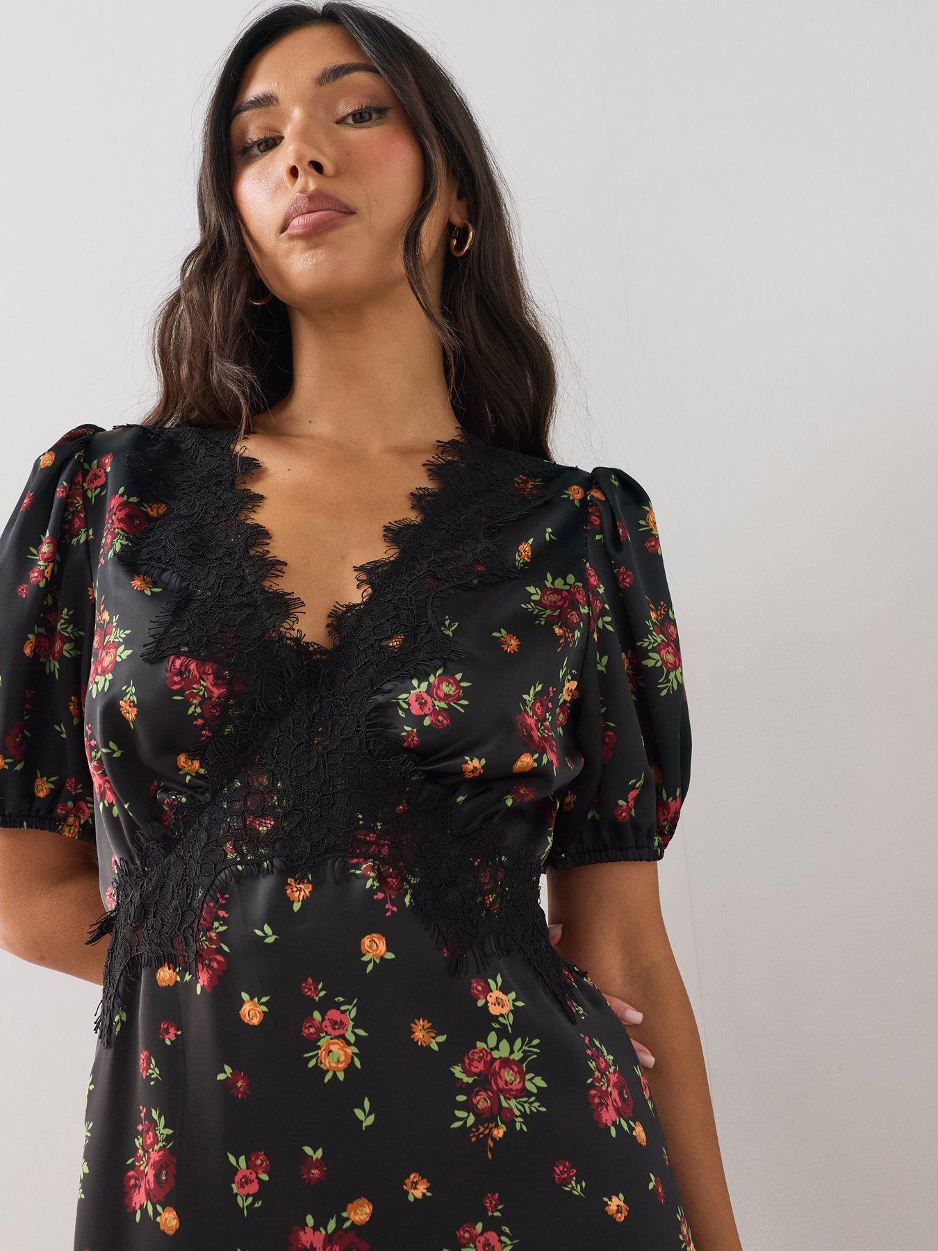 Image 4 of 7 of The Very Collection Lace Trim Satin Tea Dress - Floral