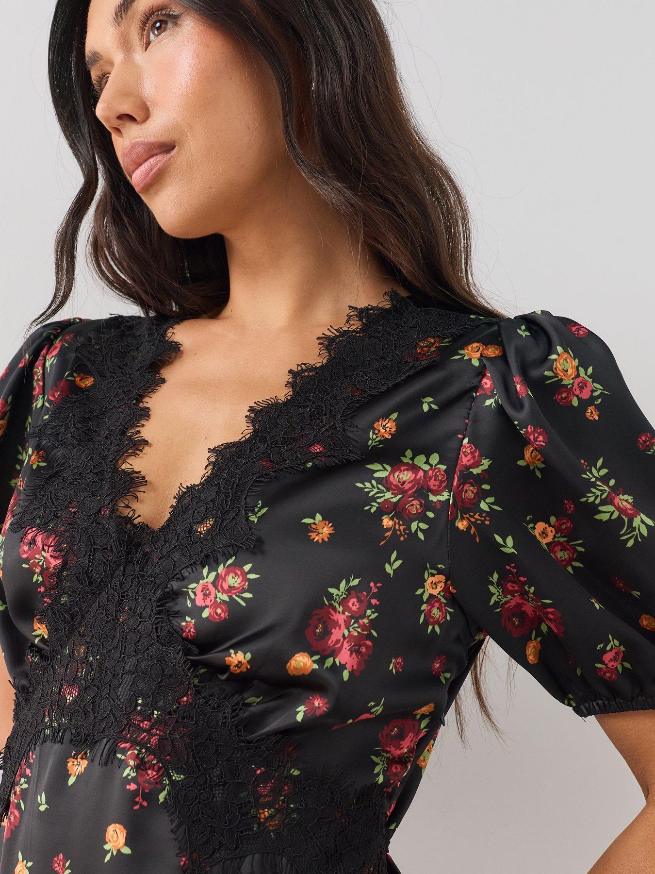 Image 5 of 7 of The Very Collection Lace Trim Satin Tea Dress - Floral