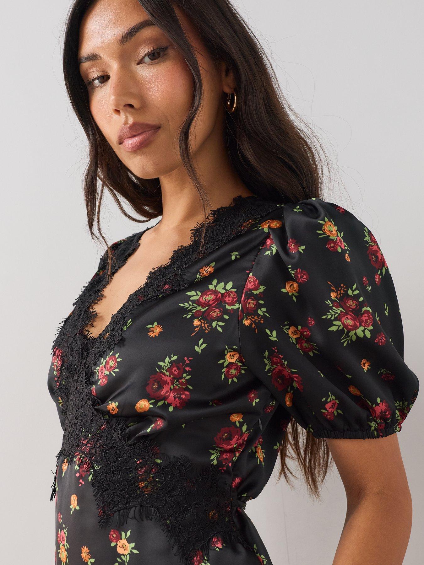 Image 6 of 7 of The Very Collection Lace Trim Satin Tea Dress - Floral