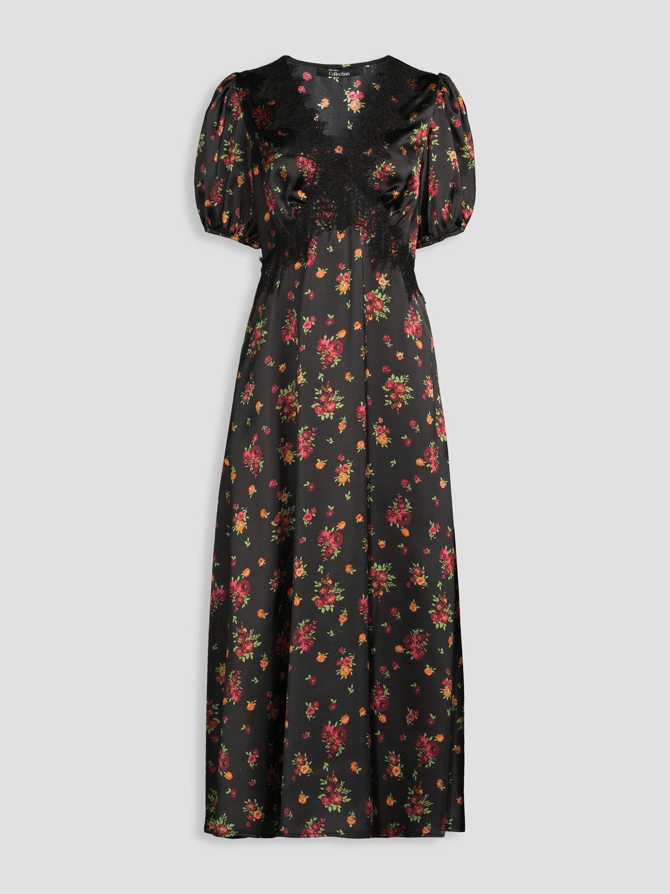 Image 7 of 7 of The Very Collection Lace Trim Satin Tea Dress - Floral