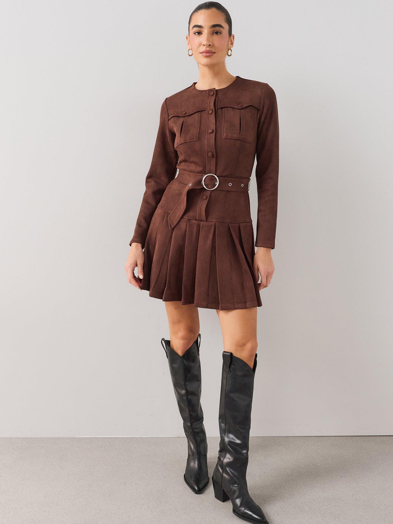 The Very Collection Suedette Pleated Belted Mini Dress - Brown