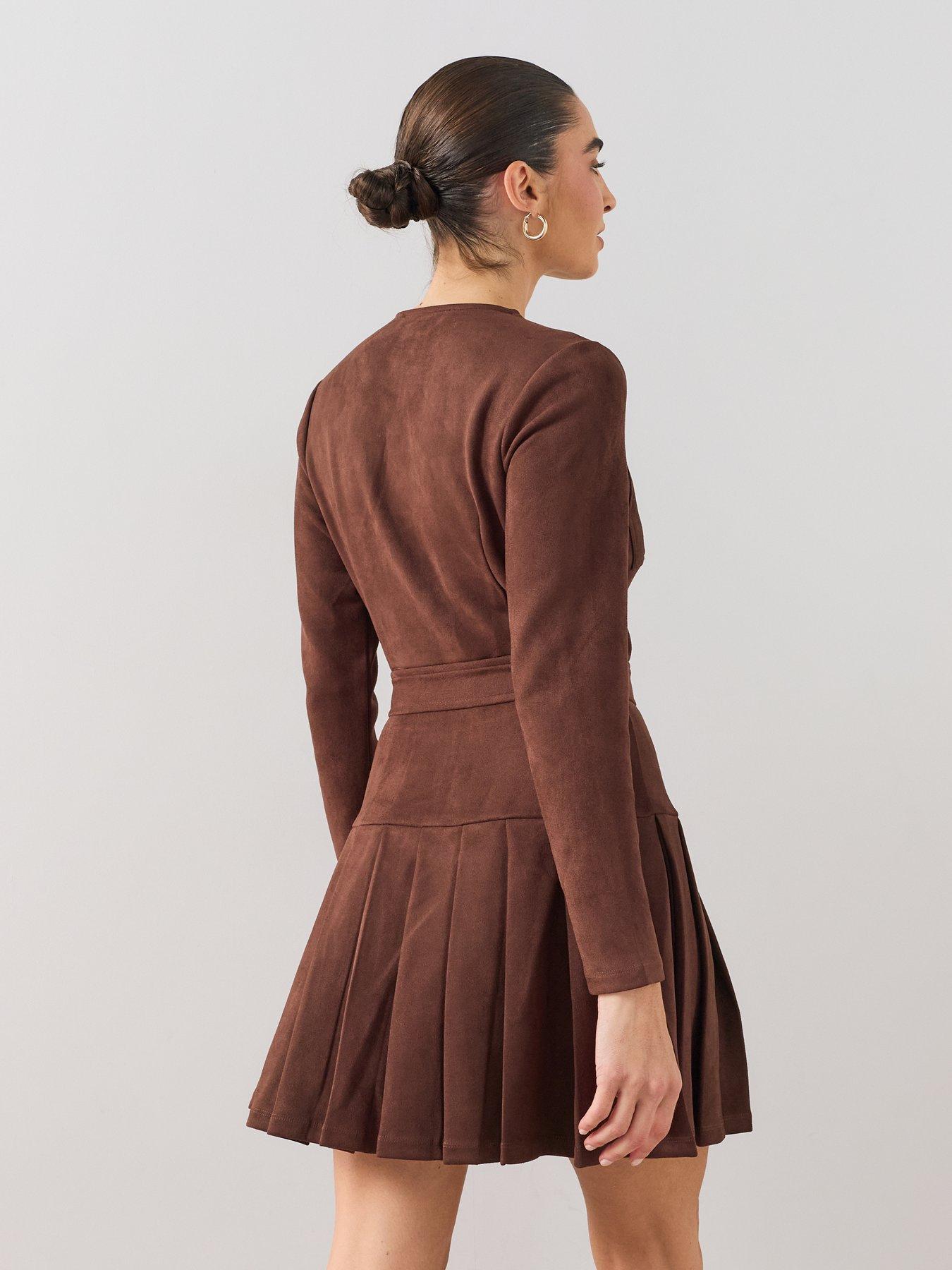 Image 2 of 7 of The Very Collection Suedette Pleated Belted Mini Dress - Brown