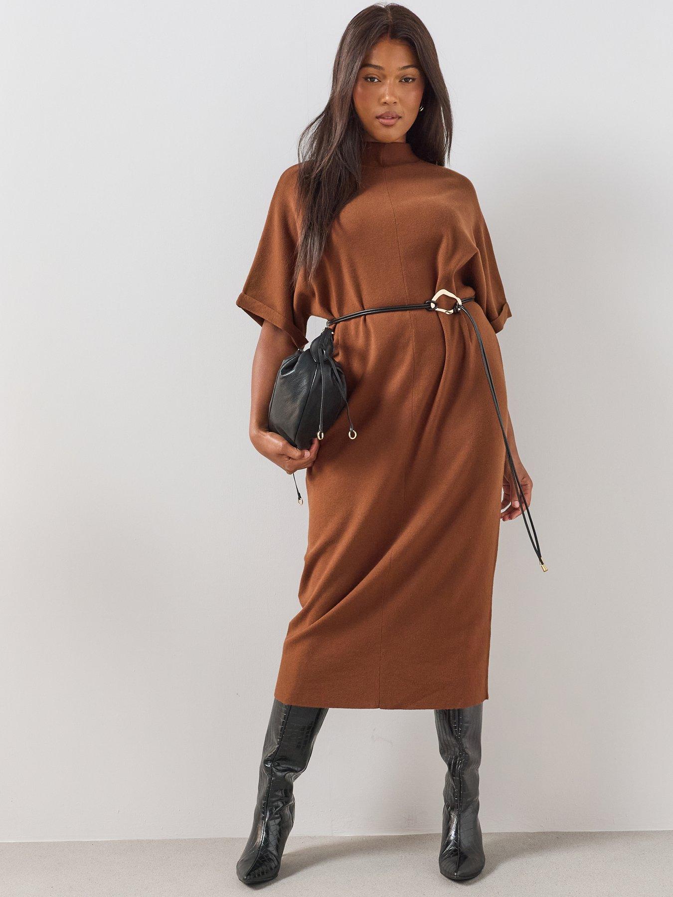 The Very Collection Curve Knitted Belted Dress - Light Tan