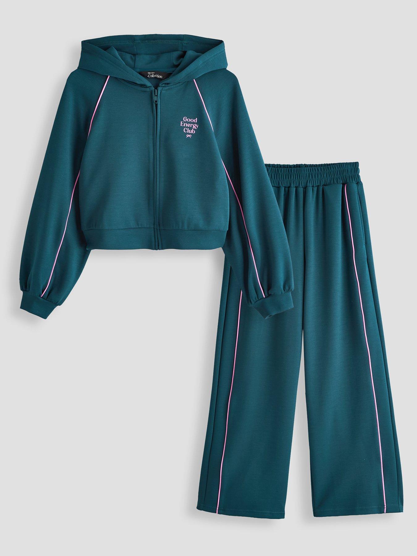 The Very Collection Girls Soft Touch Contrast Piping Zip Up Outfit - Green