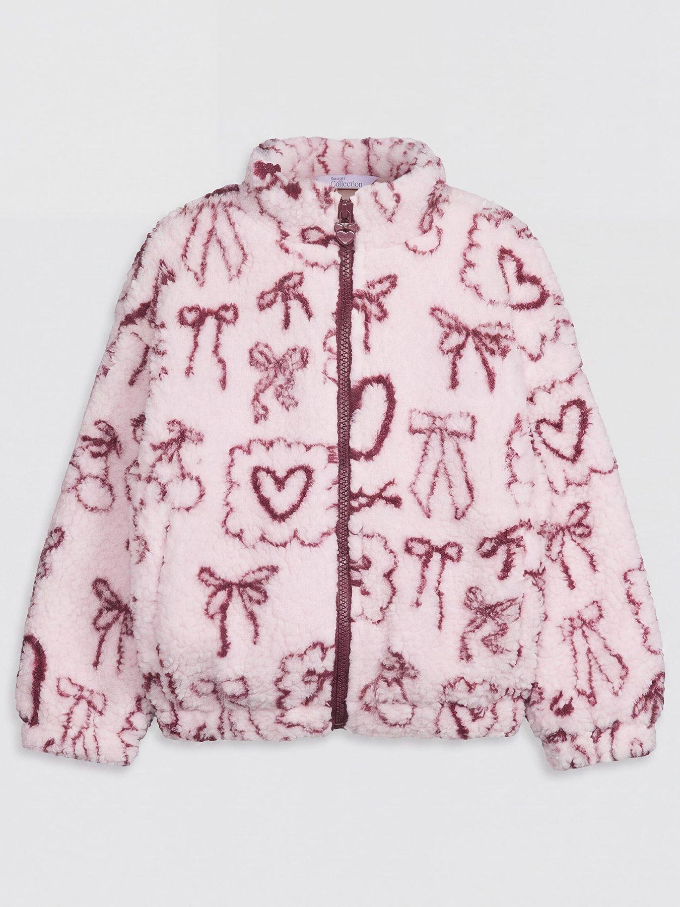 The Very Collection Girls Heart And Bow Print Borg Zip Up Basic Jacket - Pink