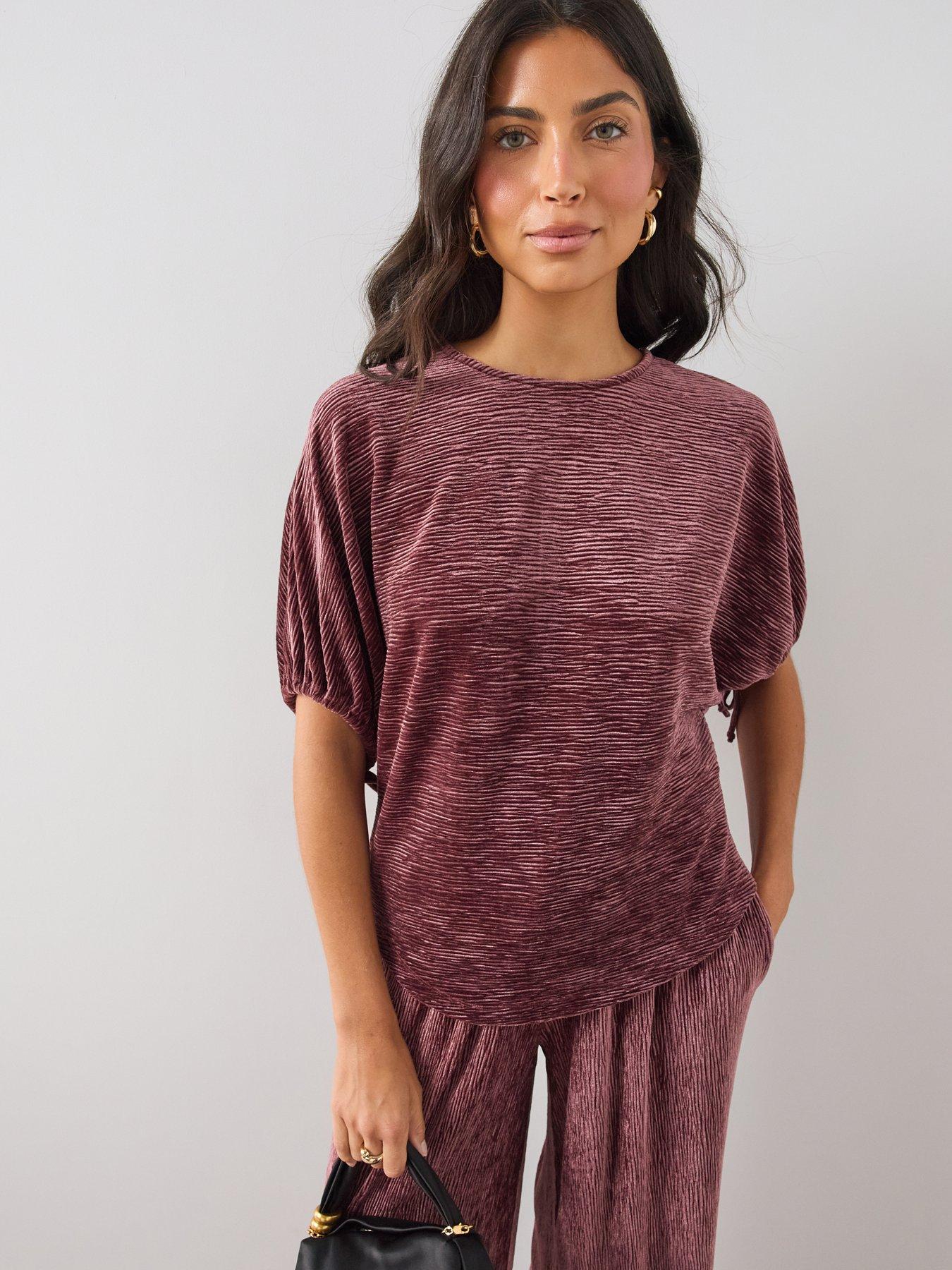Image 1 of 7 of The Very Collection Womens Crinkle Velvet Drawstring Sleeve Co-Ord Blouse - Burgundy