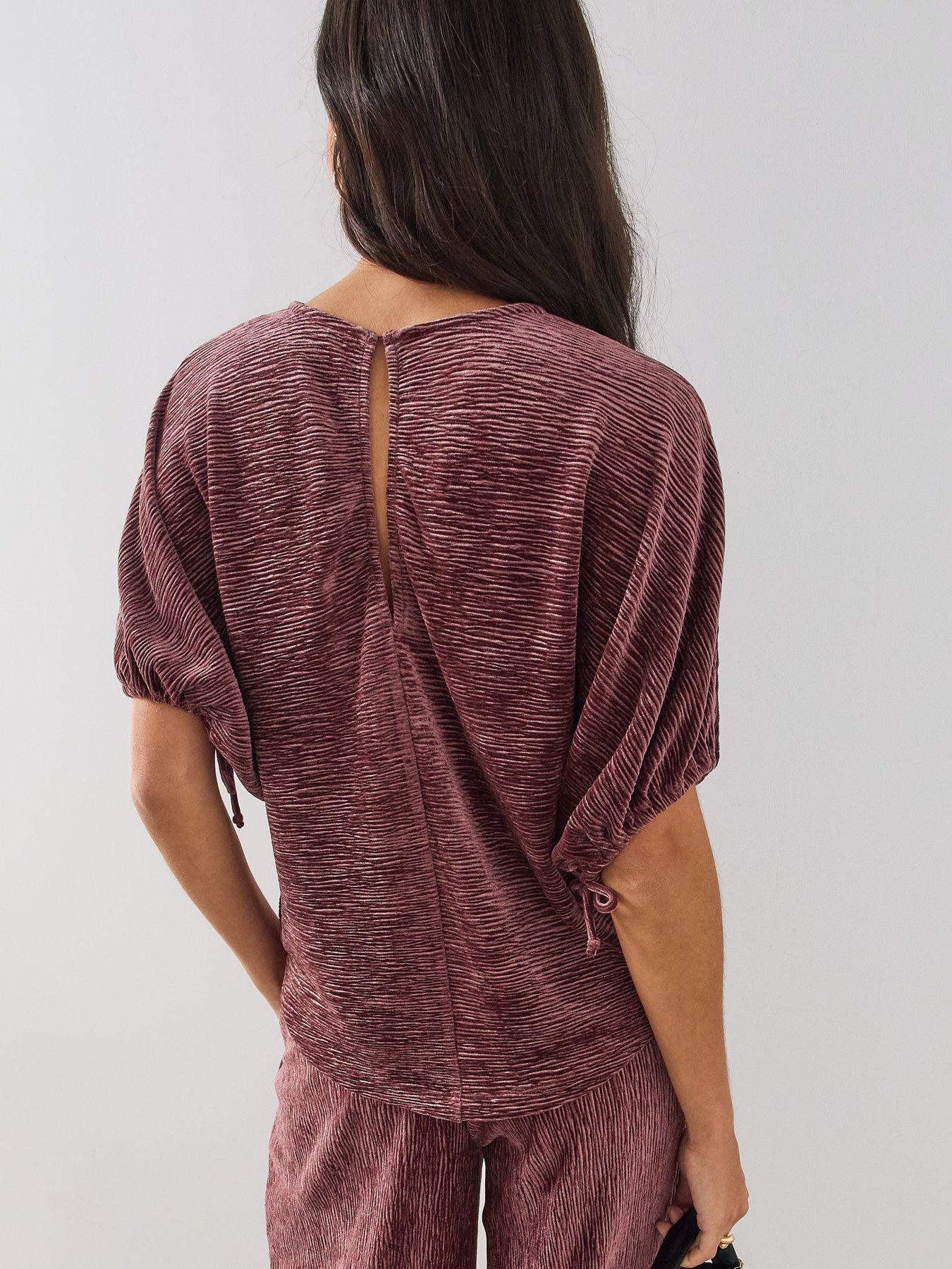 Image 2 of 7 of The Very Collection Womens Crinkle Velvet Drawstring Sleeve Co-Ord Blouse - Burgundy