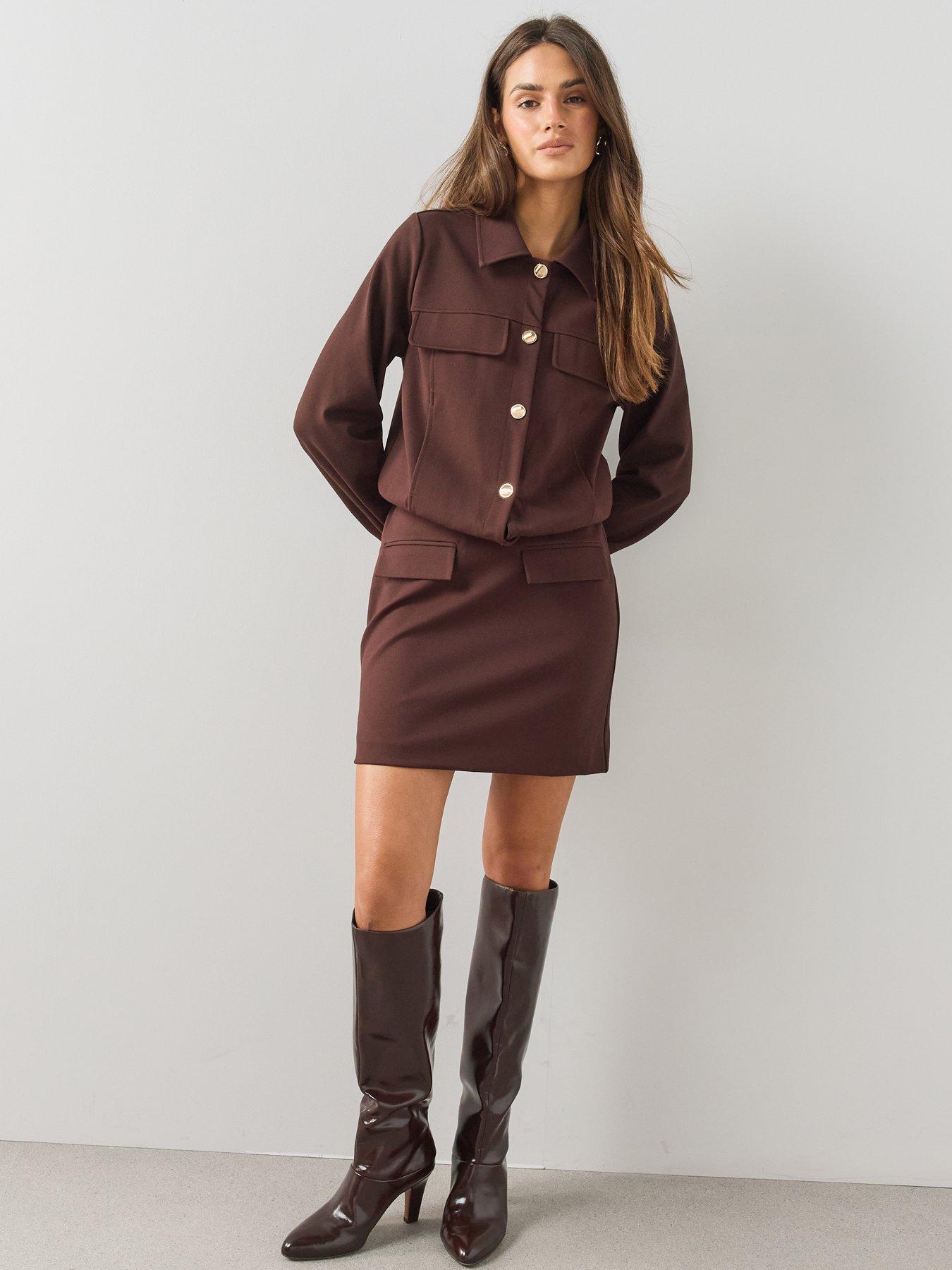 Image 1 of 7 of The Very Collection Womens Pocket Detail Jersey Mini Skirt - Brown
