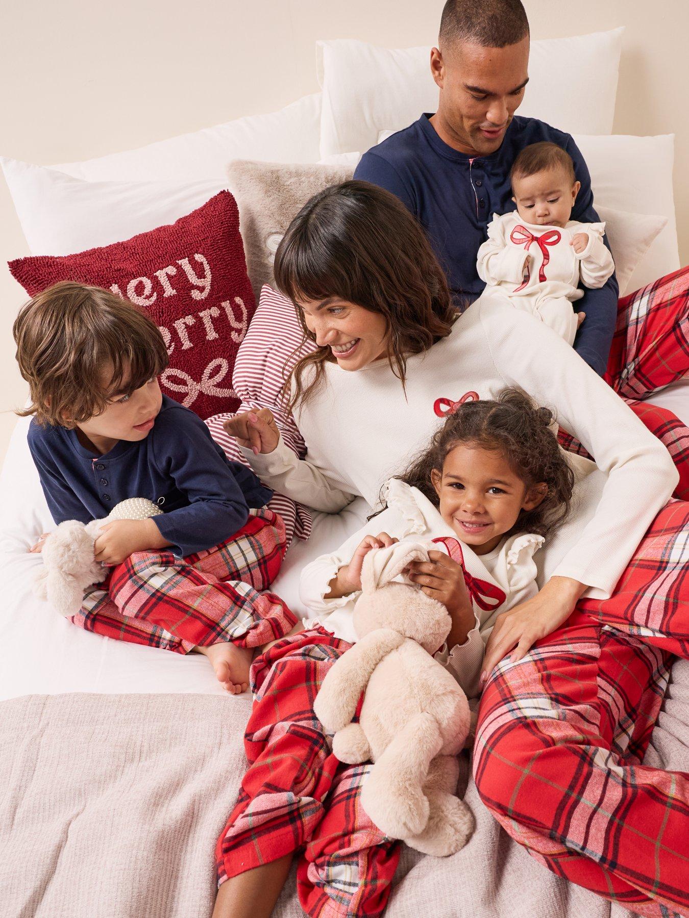 The Very Collection Girls Family Christmas Bow Rib Top Pyjama - Red