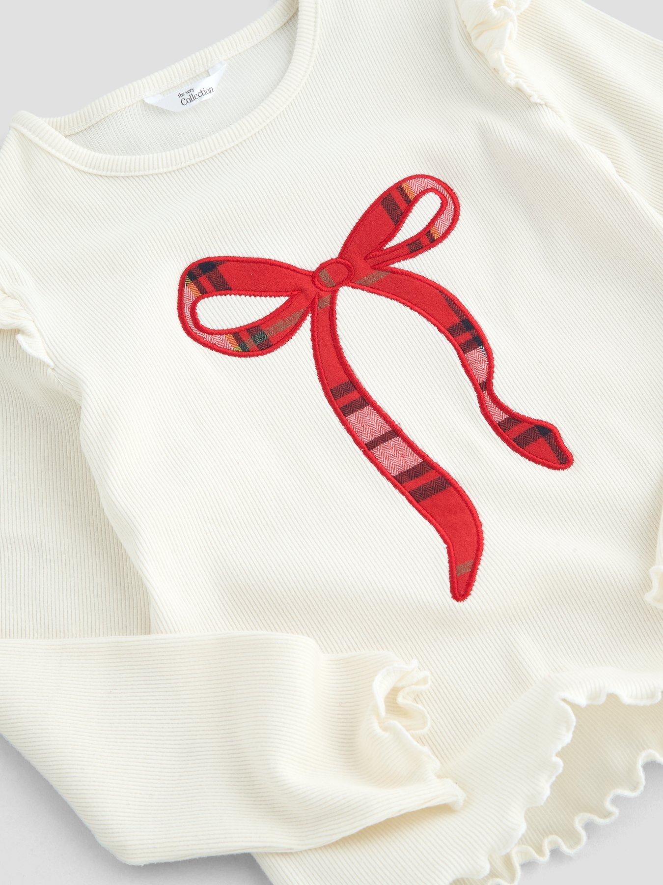 Image 4 of 6 of The Very Collection Girls Family Christmas Bow Rib Top Pyjama (9 months - 16 years) - Red