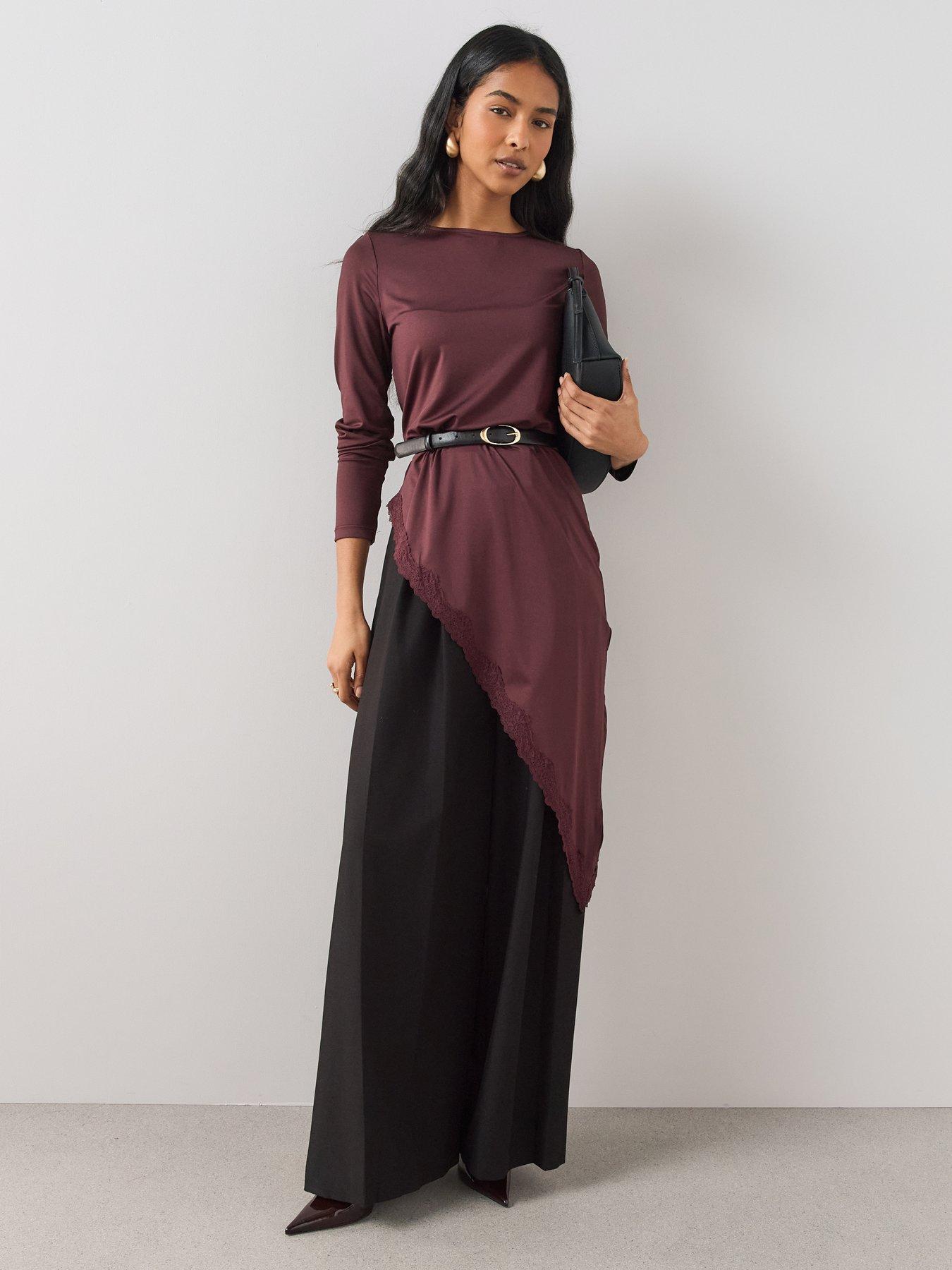 Image 3 of 7 of The Very Collection Womens Asymmetric Lace Trim Midaxi Top - Burgundy