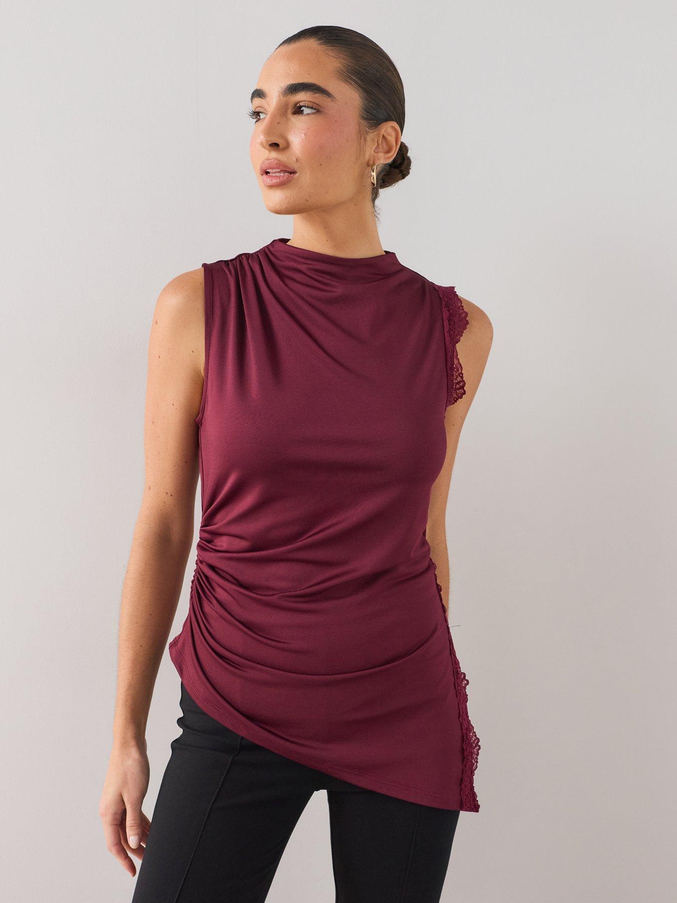 The Very Collection Asymmetric Lace Trim Sleeveless Top - Burgundy