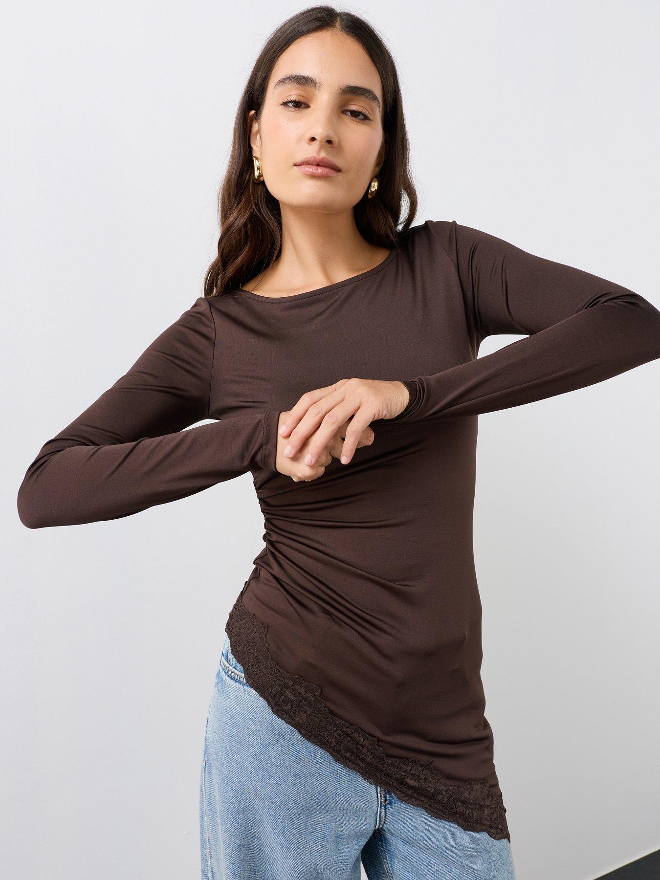 Image 1 of 7 of The Very Collection Asymmetric Lace Trim Long Sleeve Top - Brown