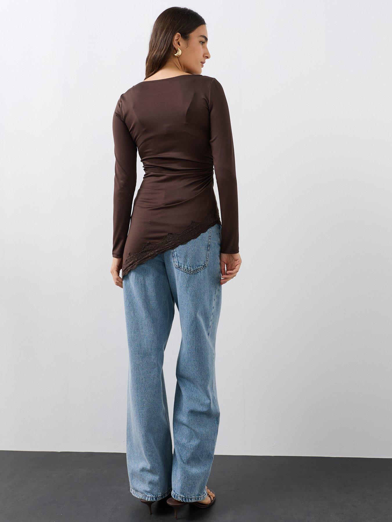 Image 2 of 7 of The Very Collection Asymmetric Lace Trim Long Sleeve Top - Brown