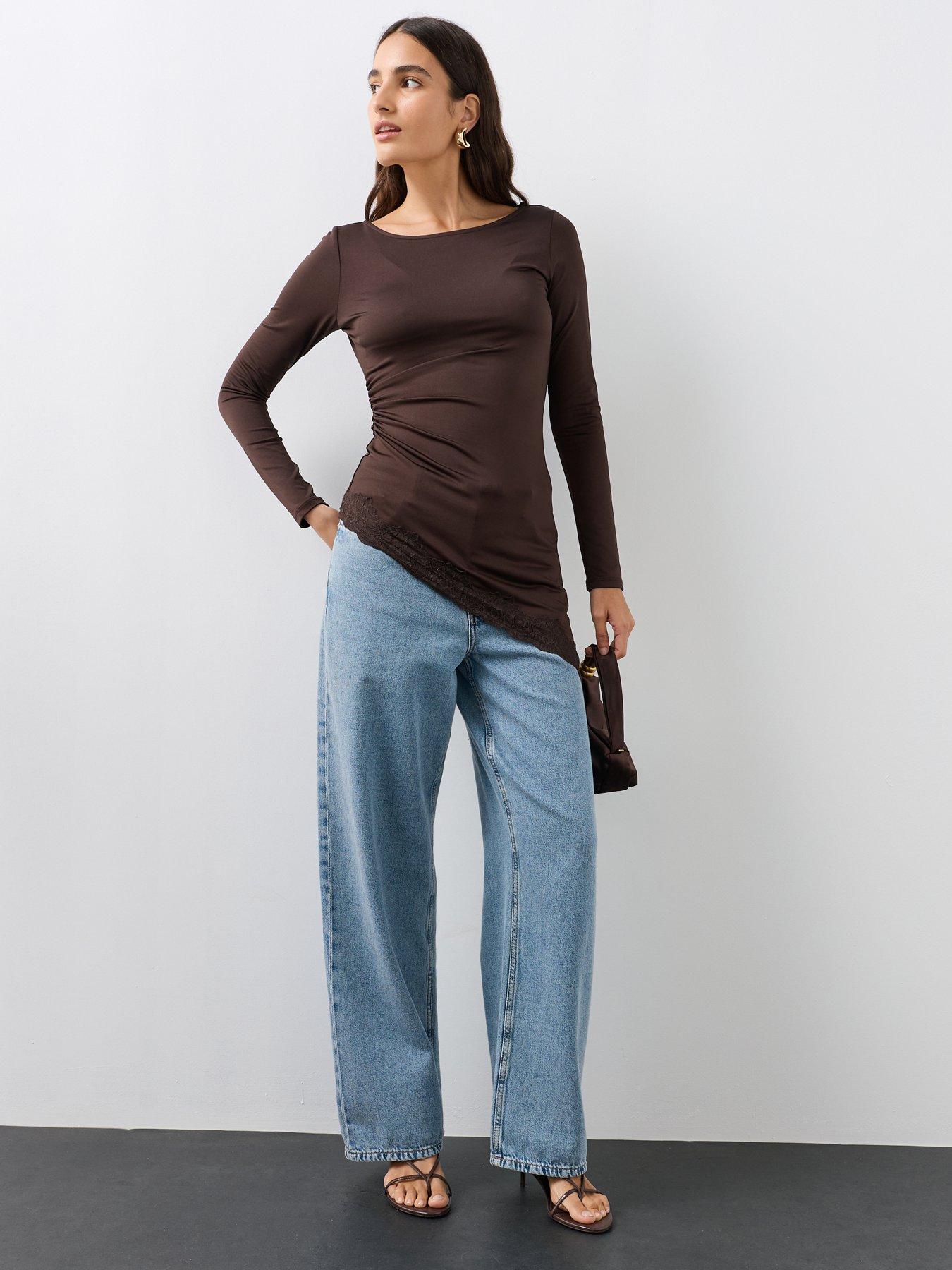 Image 3 of 7 of The Very Collection Asymmetric Lace Trim Long Sleeve Top - Brown