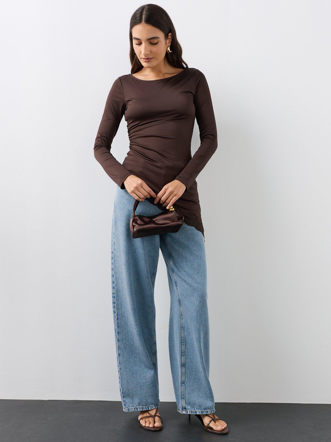 Image 4 of 7 of The Very Collection Asymmetric Lace Trim Long Sleeve Top - Brown