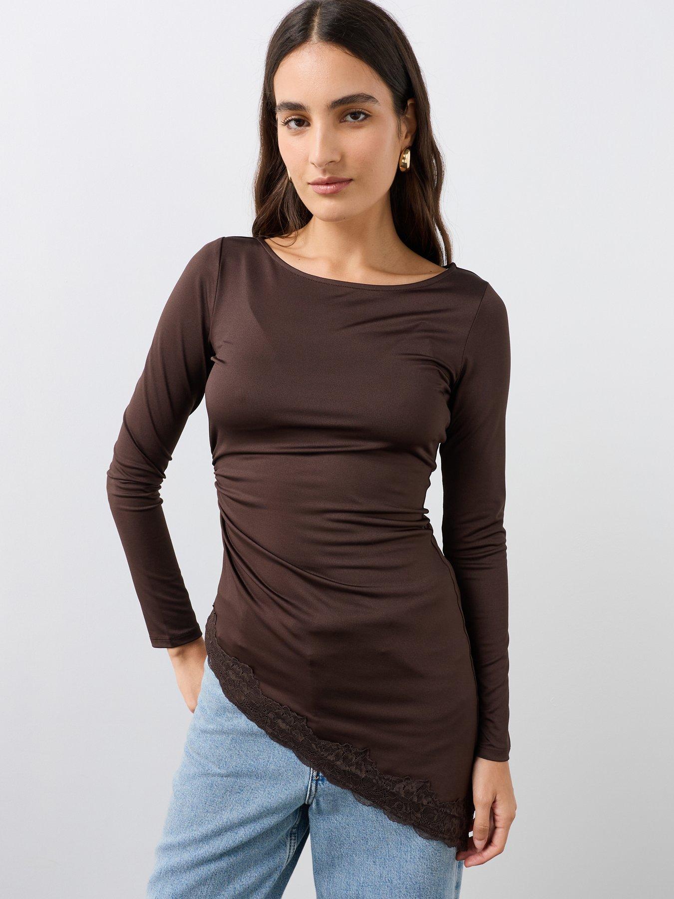 Image 5 of 7 of The Very Collection Asymmetric Lace Trim Long Sleeve Top - Brown