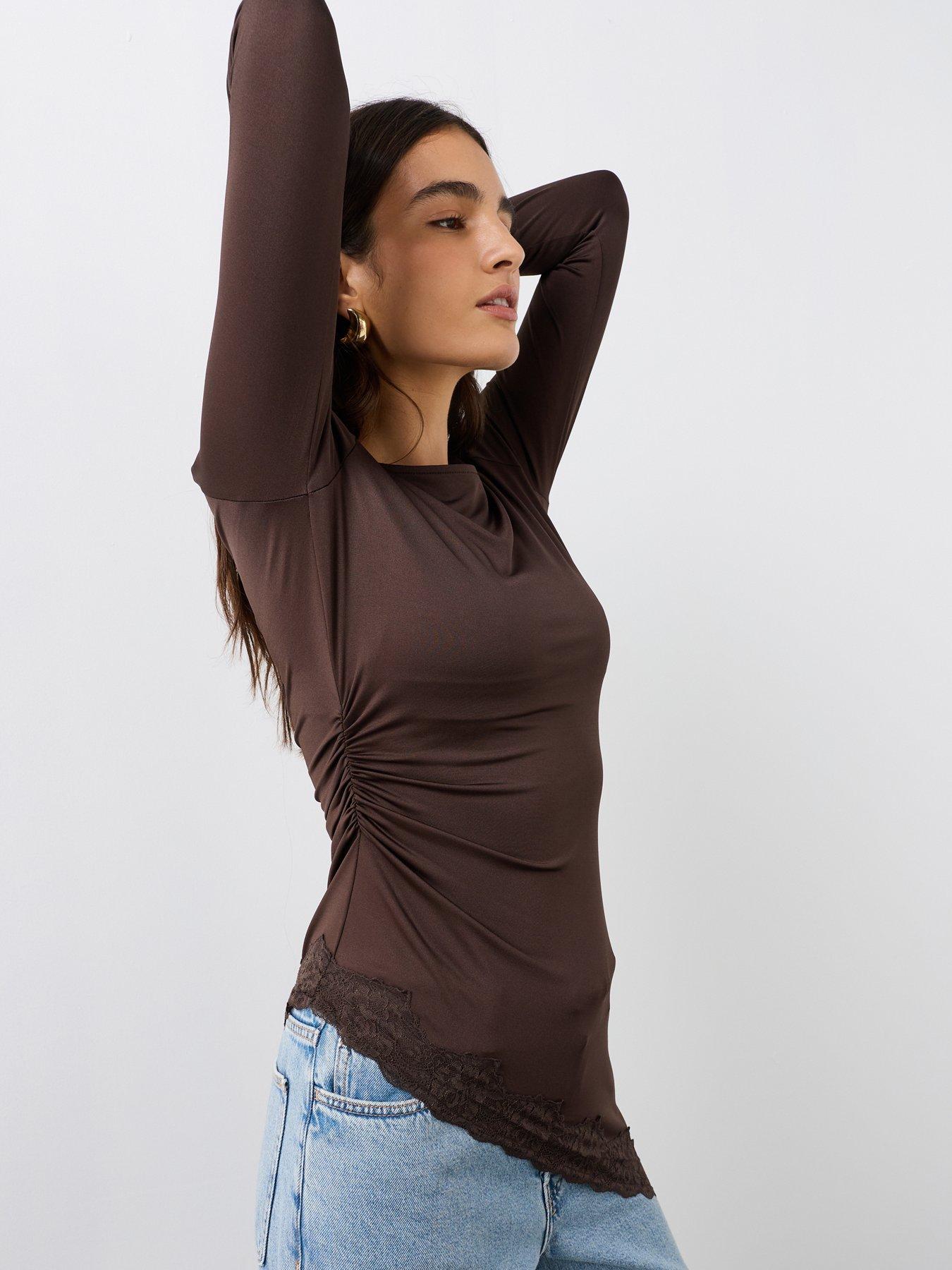 Image 6 of 7 of The Very Collection Asymmetric Lace Trim Long Sleeve Top - Brown