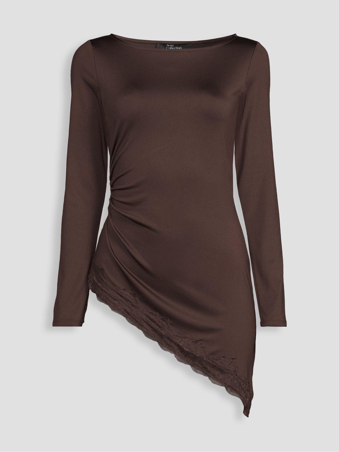Image 7 of 7 of The Very Collection Asymmetric Lace Trim Long Sleeve Top - Brown