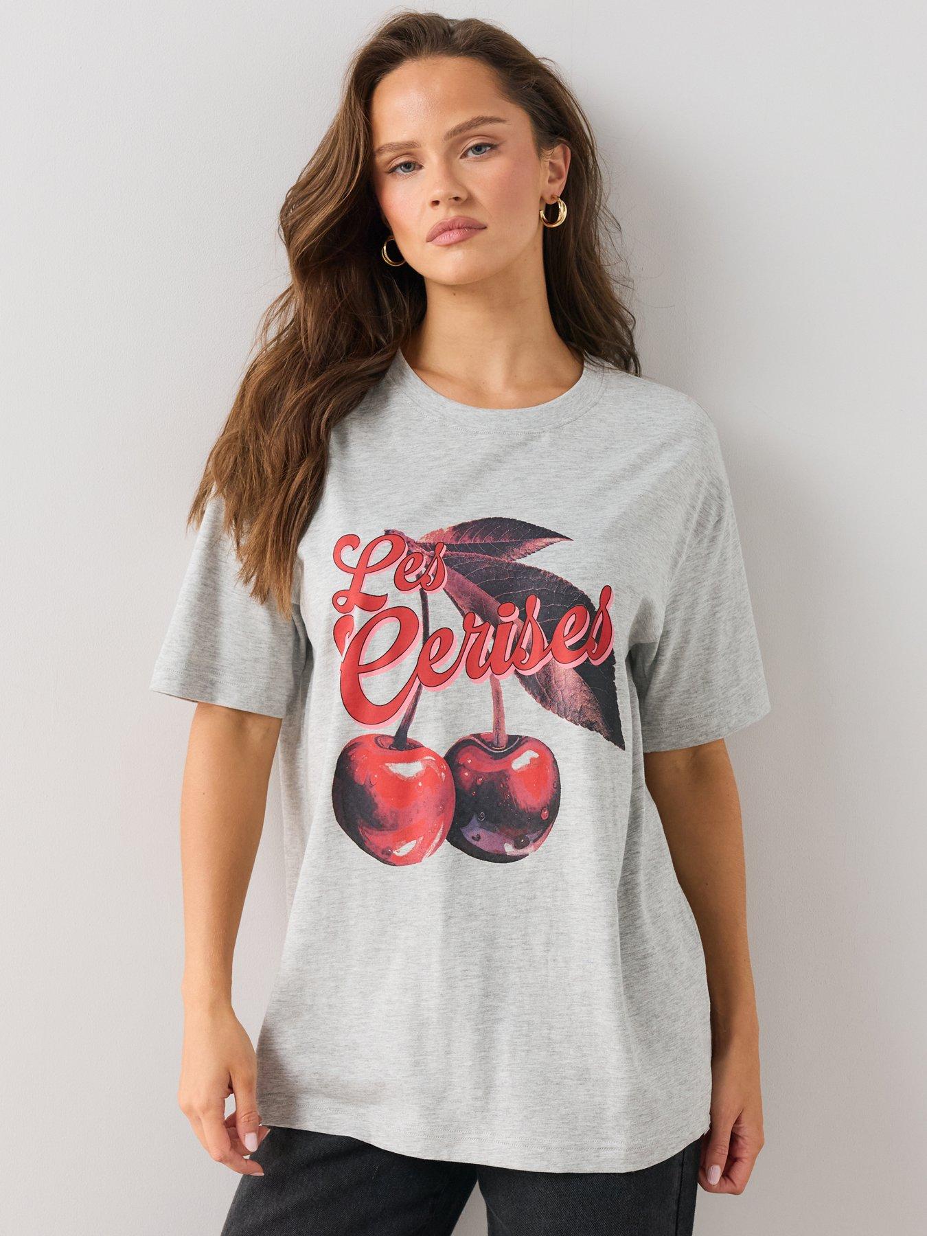The Very Collection Cherry Graphic Crew Neck Oversized Jersey T-Shirt - Grey