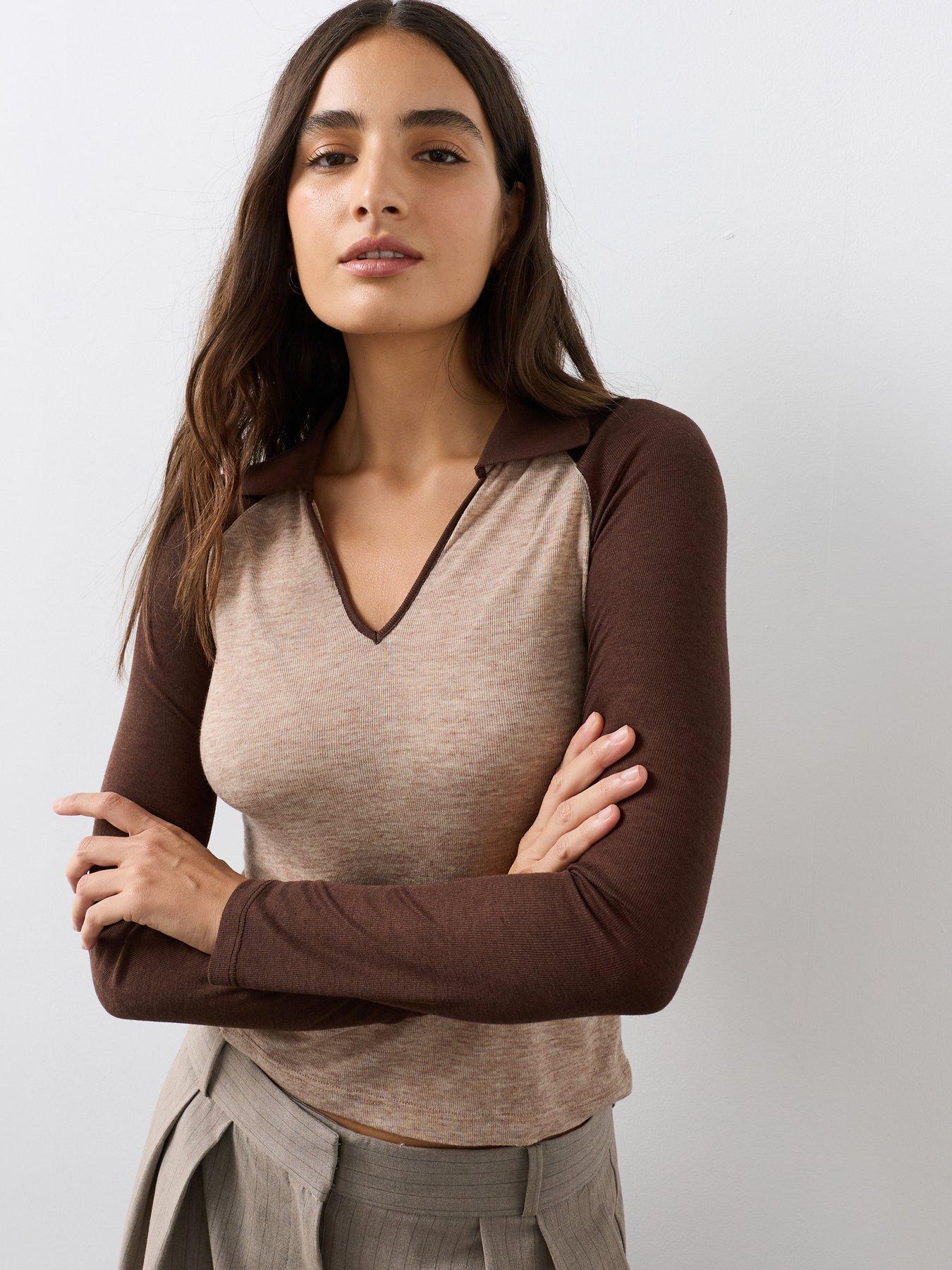 The Very Collection Collar Contrast Raglan Top - Brown