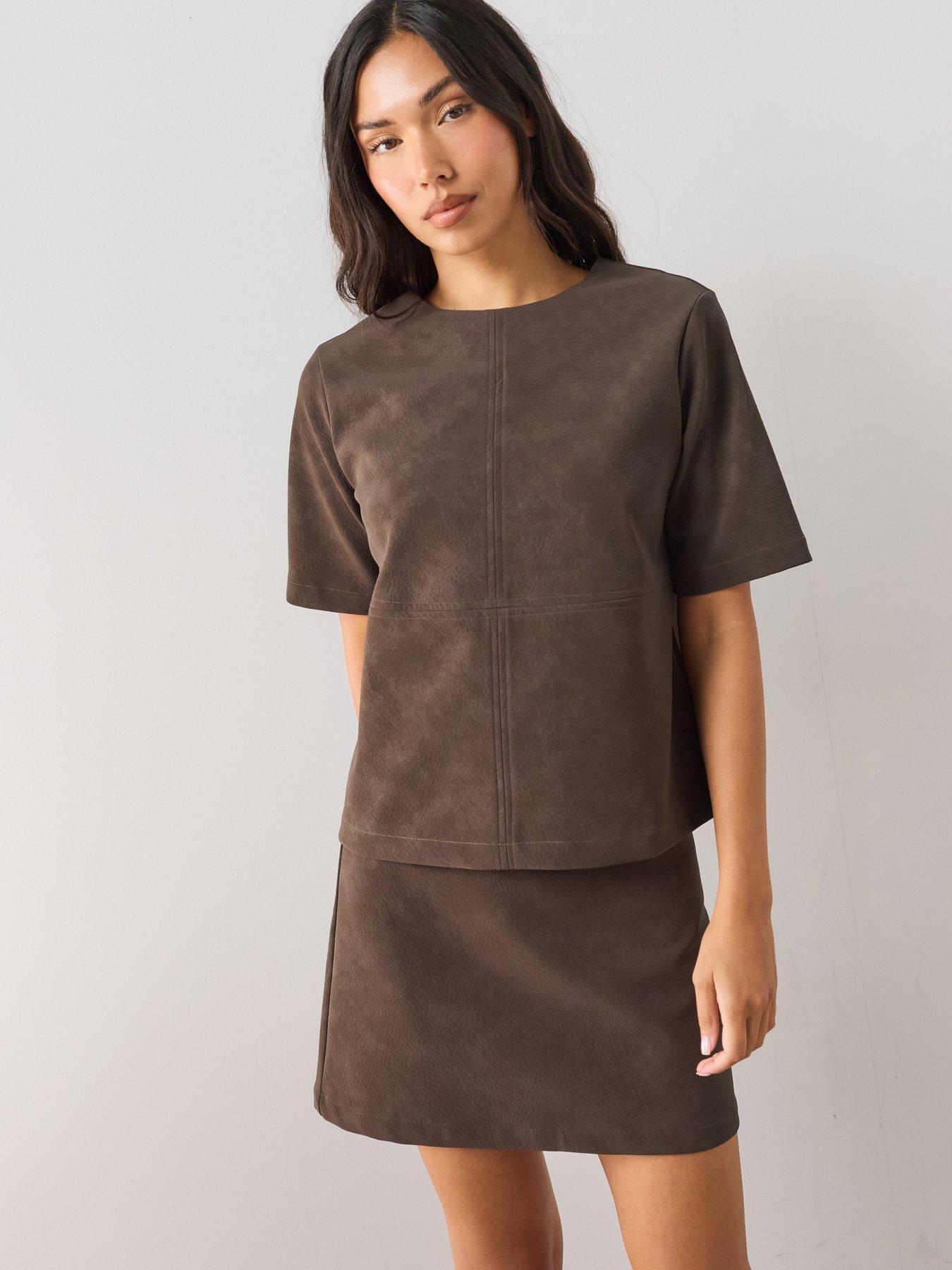 The Very Collection Suedette Short Sleeve Co-Ord Top - Brown
