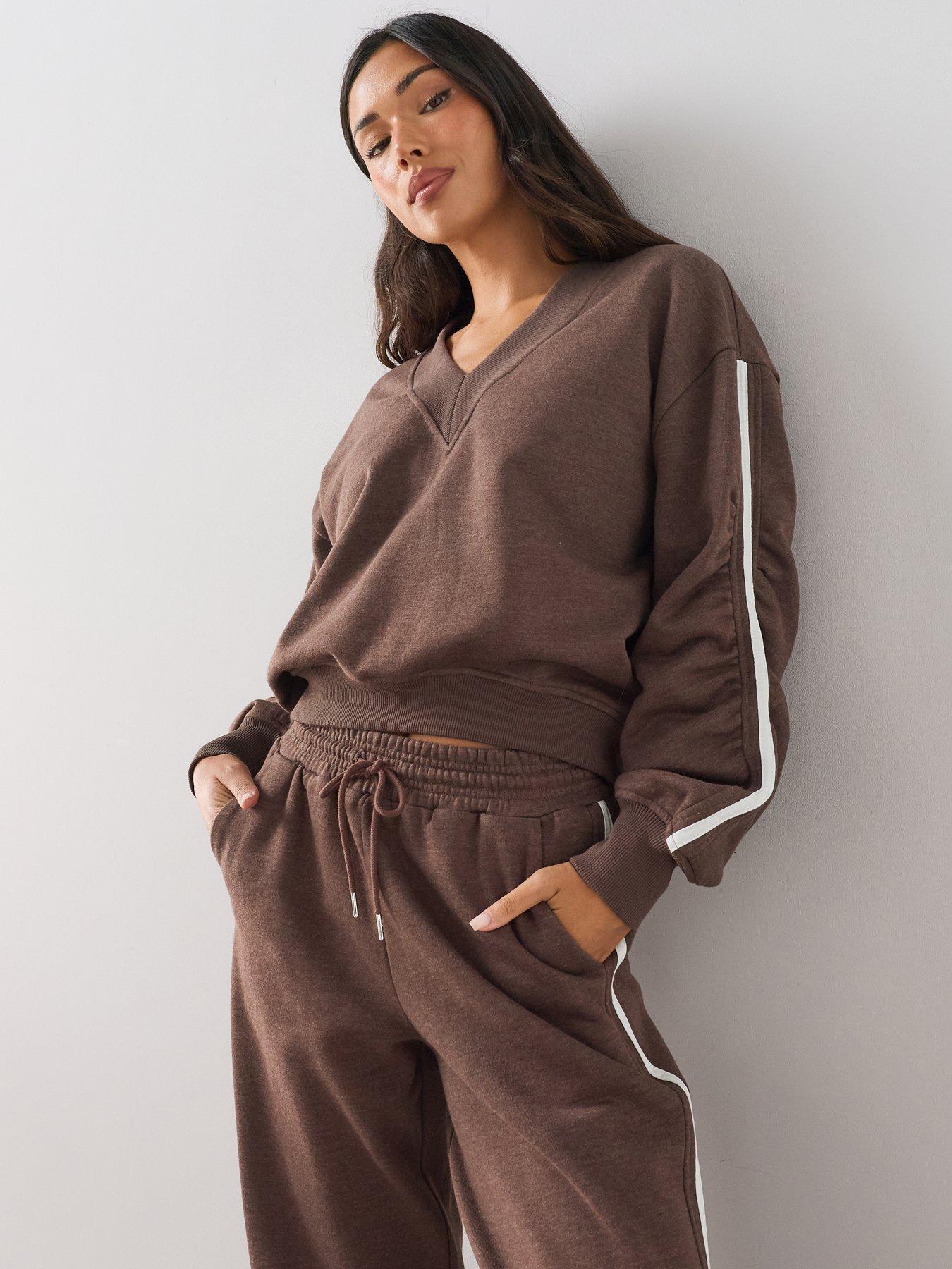 Image 1 of 6 of The Very Collection V Neck Side Stripe Sweatshirt Co-Ord - Brown
