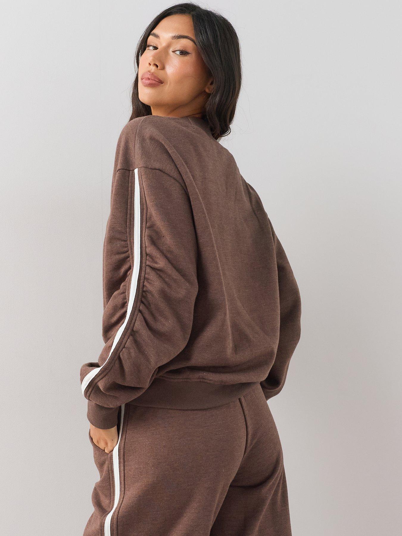 Image 2 of 6 of The Very Collection V Neck Side Stripe Sweatshirt Co-Ord - Brown