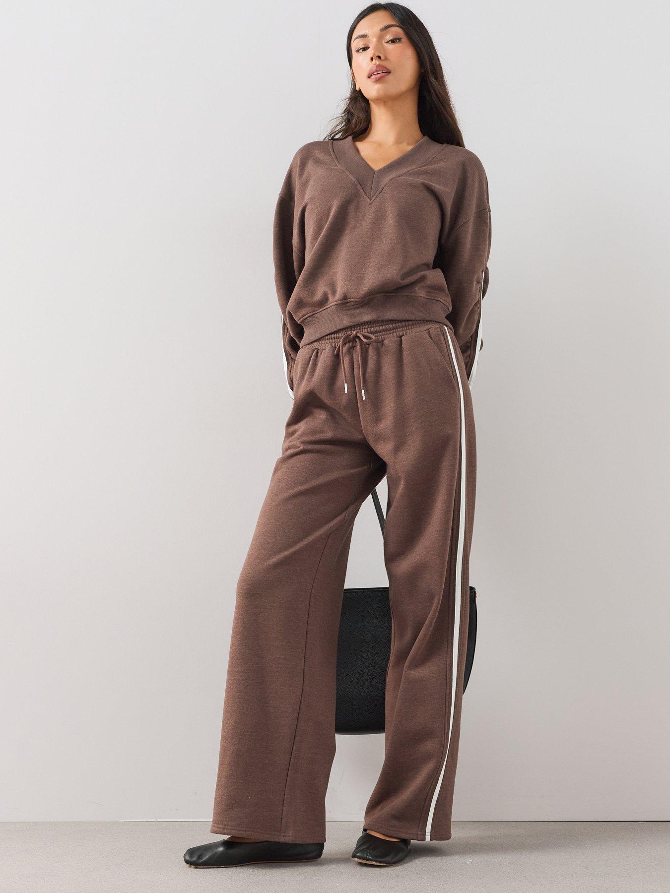 Image 3 of 6 of The Very Collection V Neck Side Stripe Sweatshirt Co-Ord - Brown