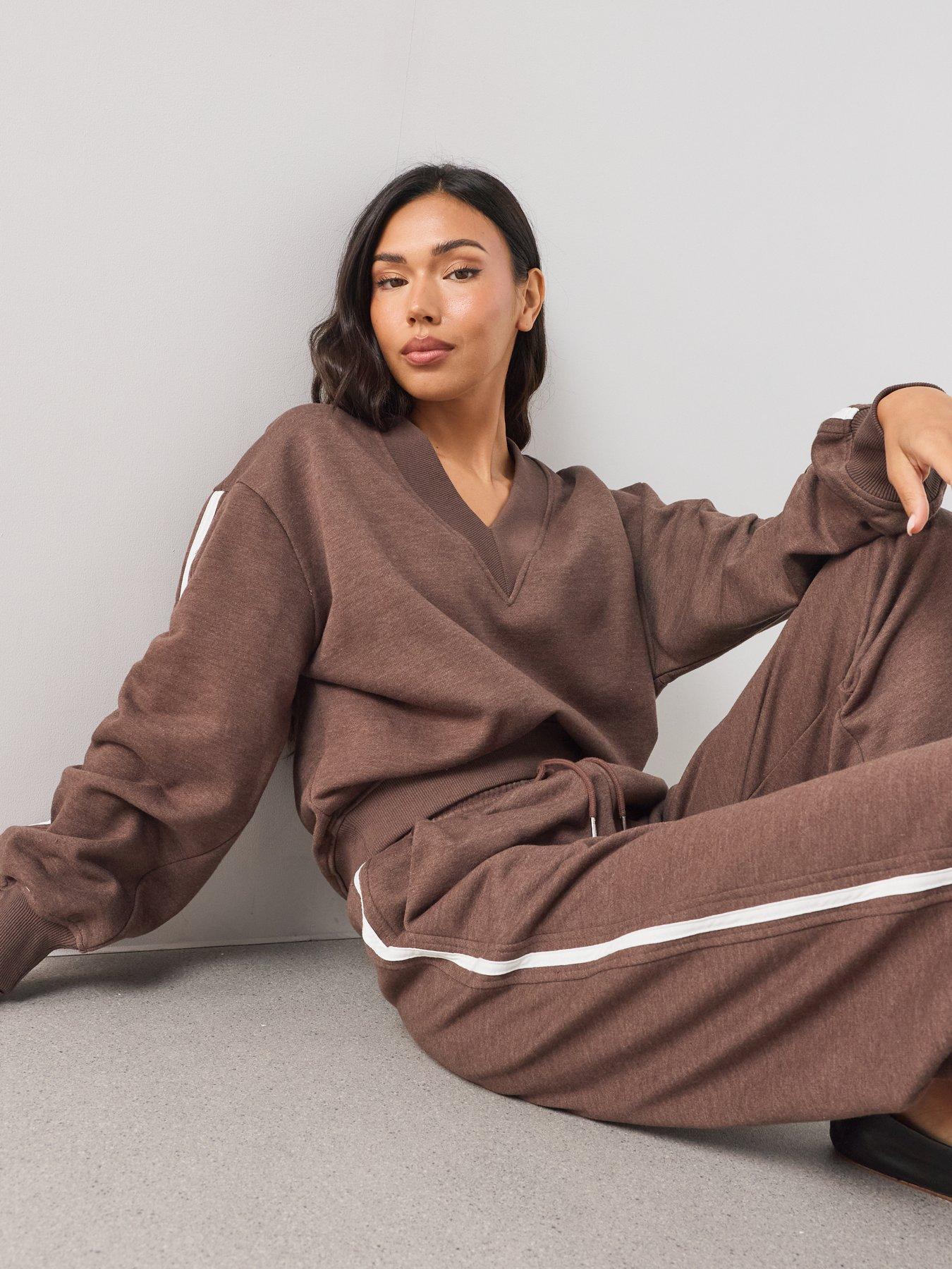 Image 4 of 6 of The Very Collection V Neck Side Stripe Sweatshirt Co-Ord - Brown
