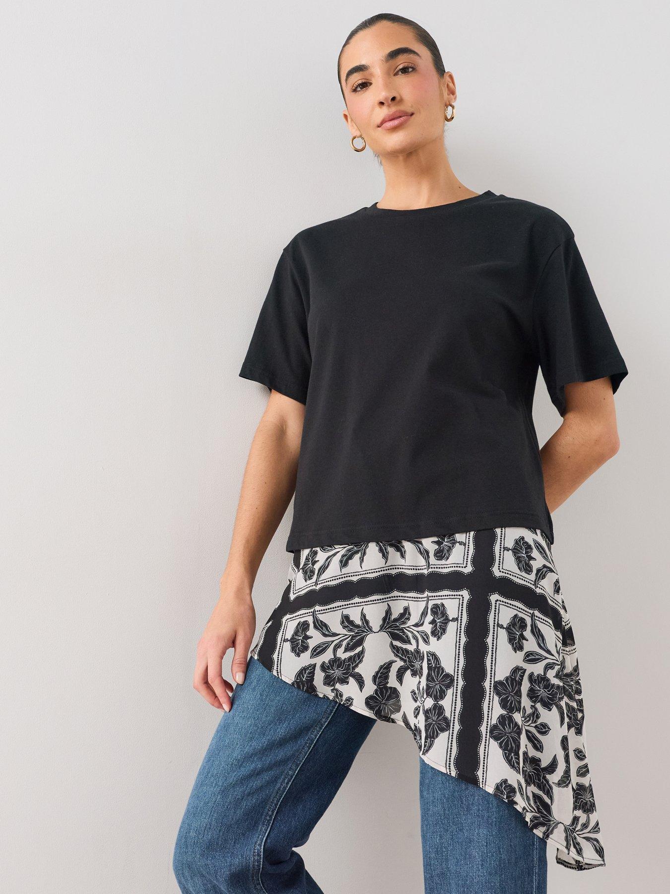 Image 1 of 7 of The Very Collection Woven Hem Asymmetric T-shirt - Black
