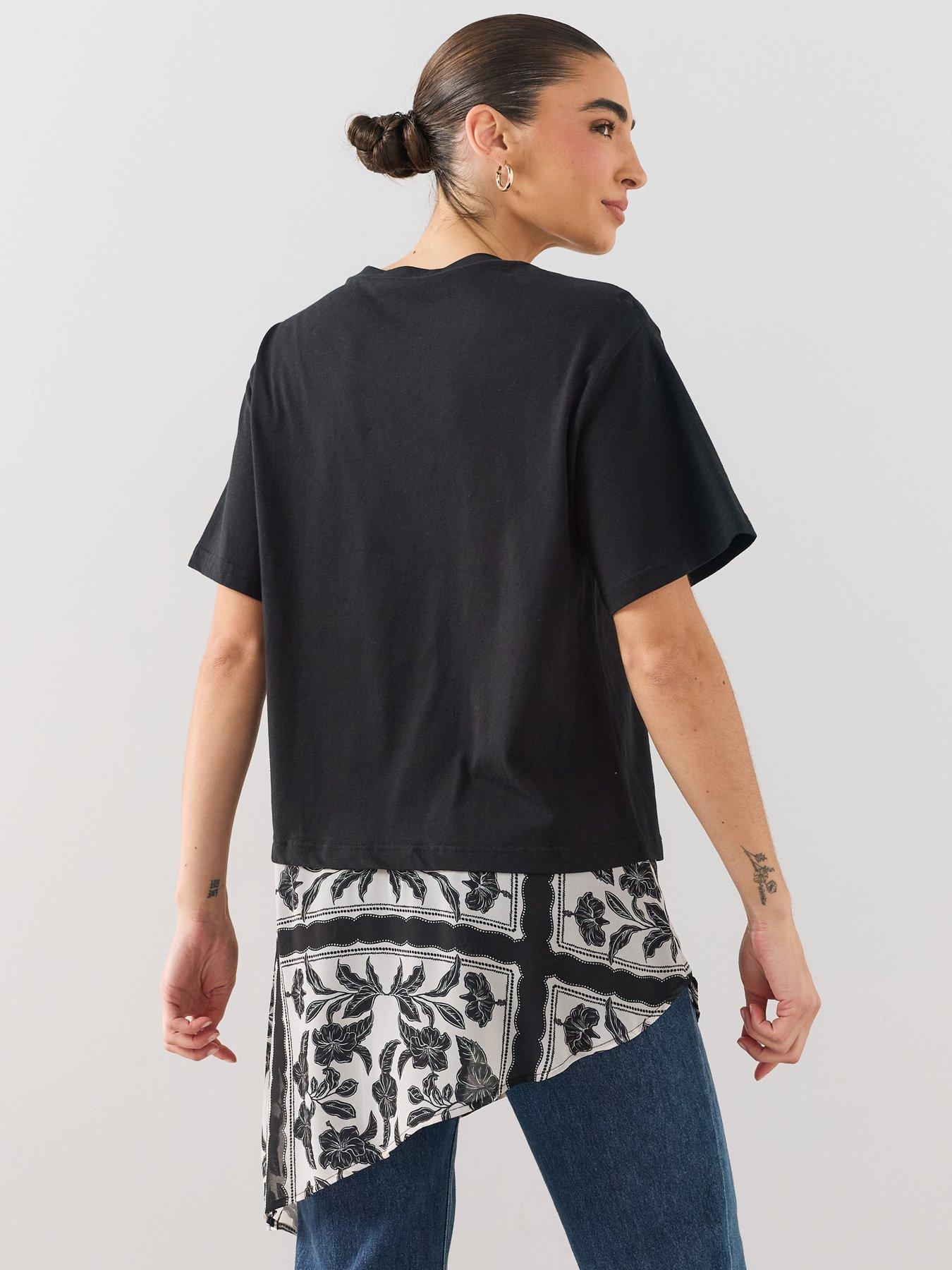 Image 2 of 7 of The Very Collection Woven Hem Asymmetric T-shirt - Black