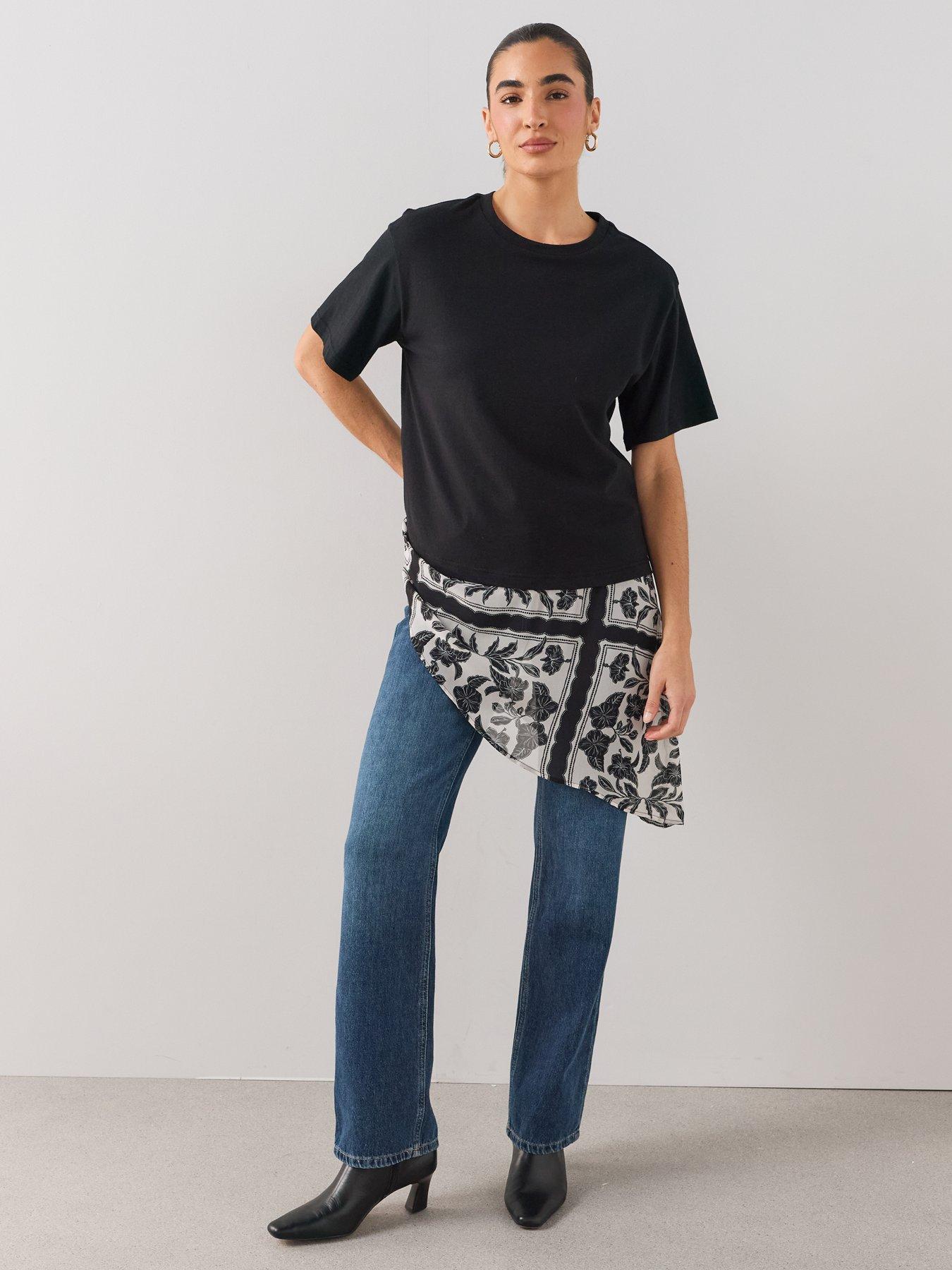 Image 3 of 7 of The Very Collection Woven Hem Asymmetric T-shirt - Black