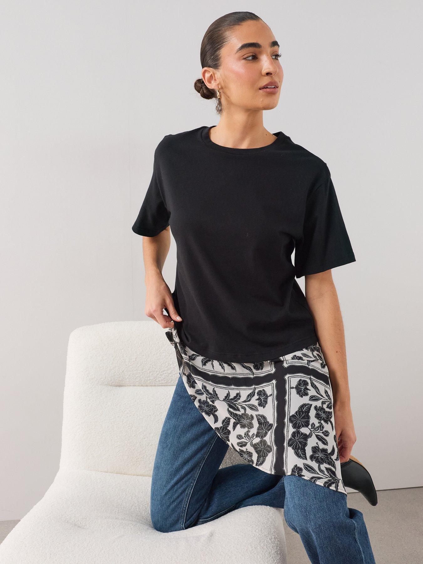 Image 4 of 7 of The Very Collection Woven Hem Asymmetric T-shirt - Black