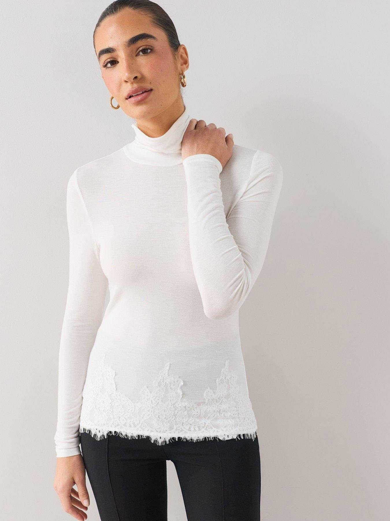The Very Collection Lace Hem High Neck Top - White