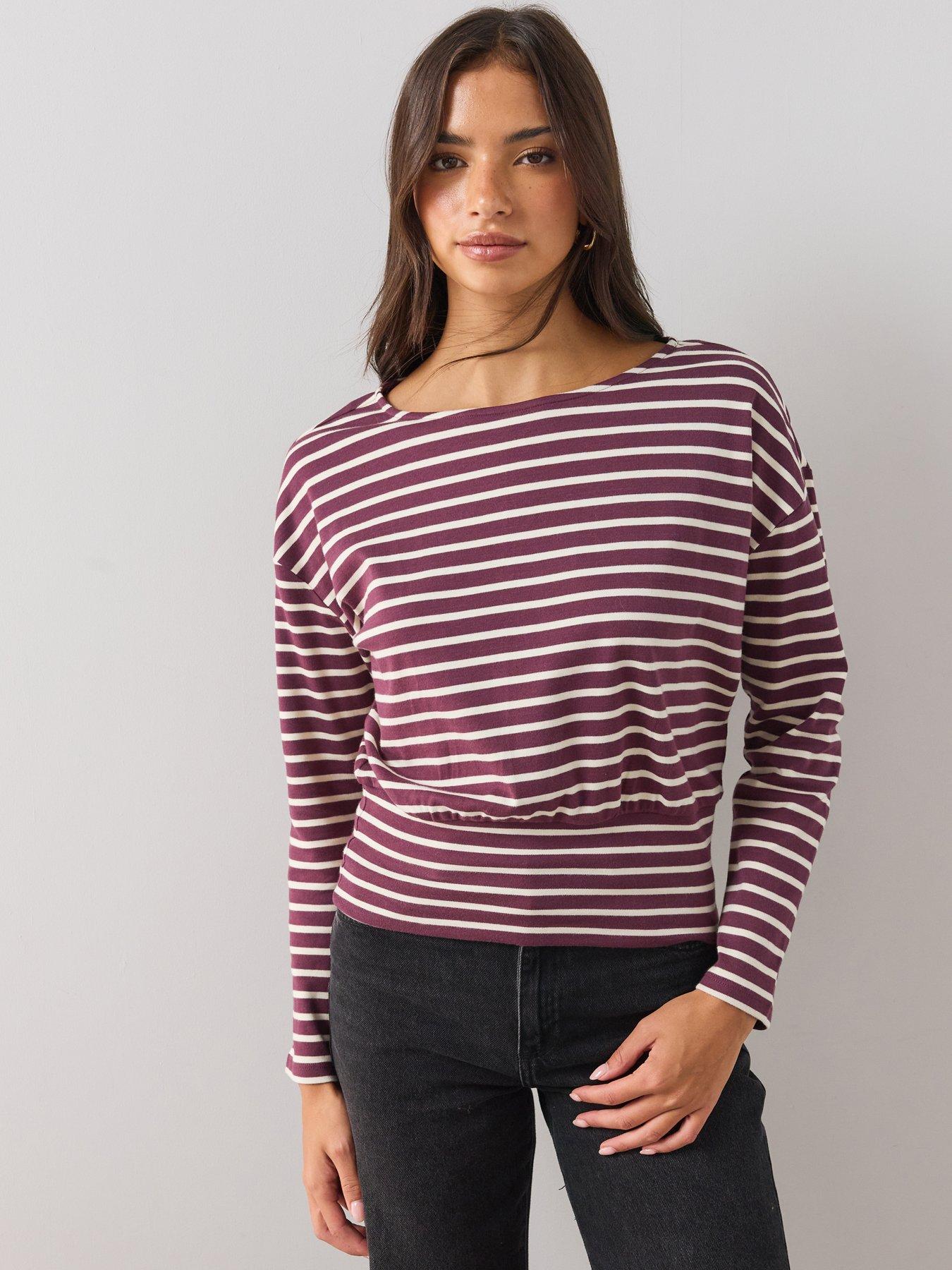 Image 1 of 6 of The Very Collection Banded Hem Stripe Top - Wine Stripe