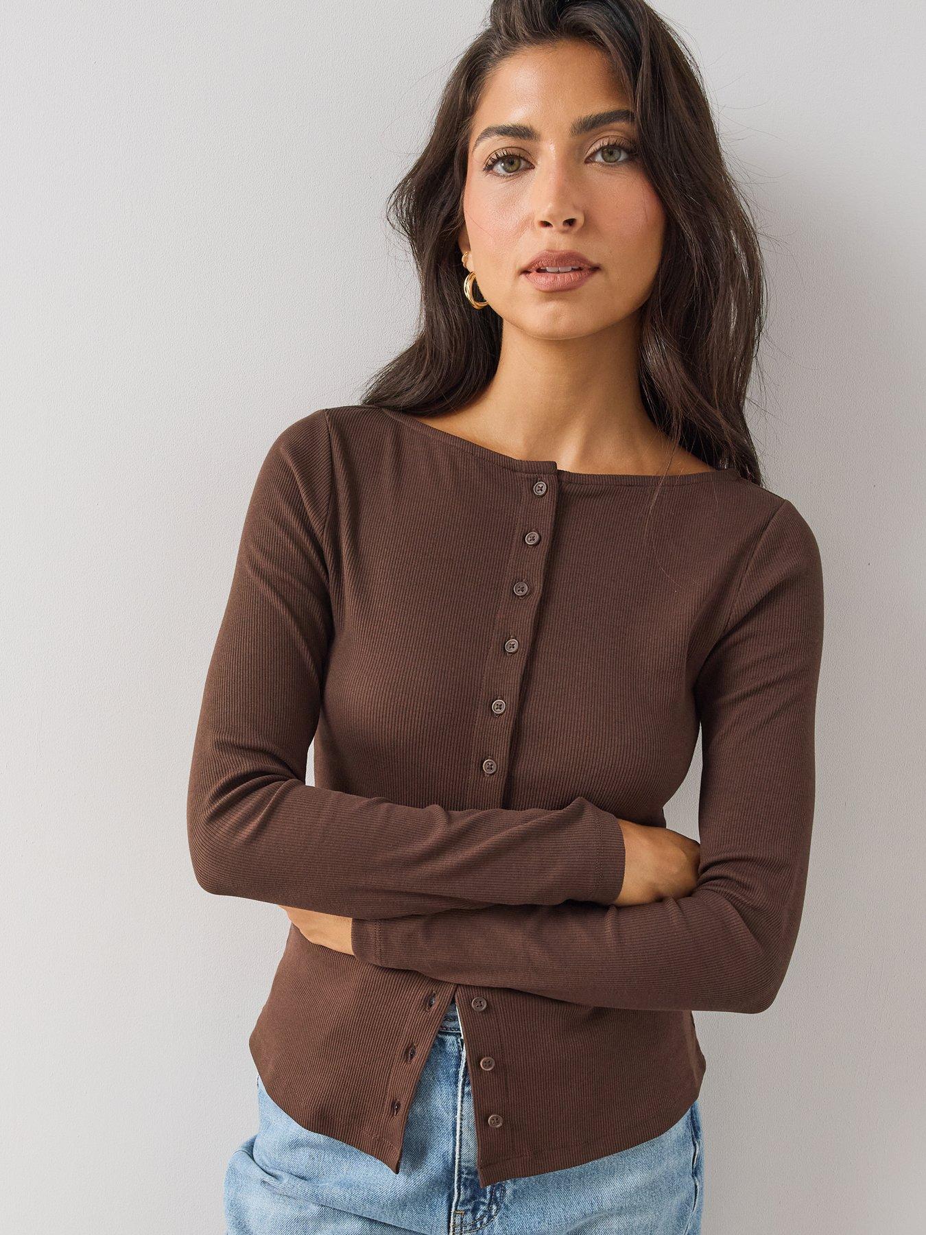 Image 1 of 6 of The Very Collection Rib Button Through Long Sleeve Jersey Top - Brown