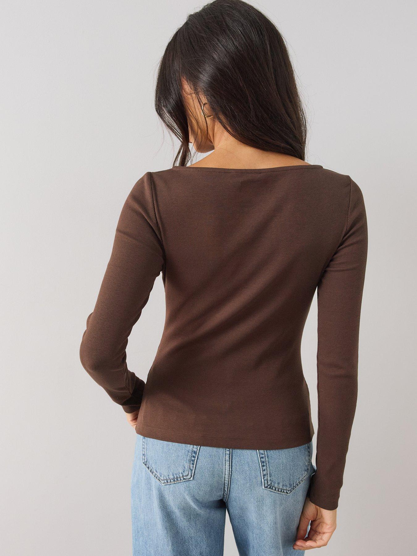 Image 2 of 6 of The Very Collection Rib Button Through Long Sleeve Jersey Top - Brown