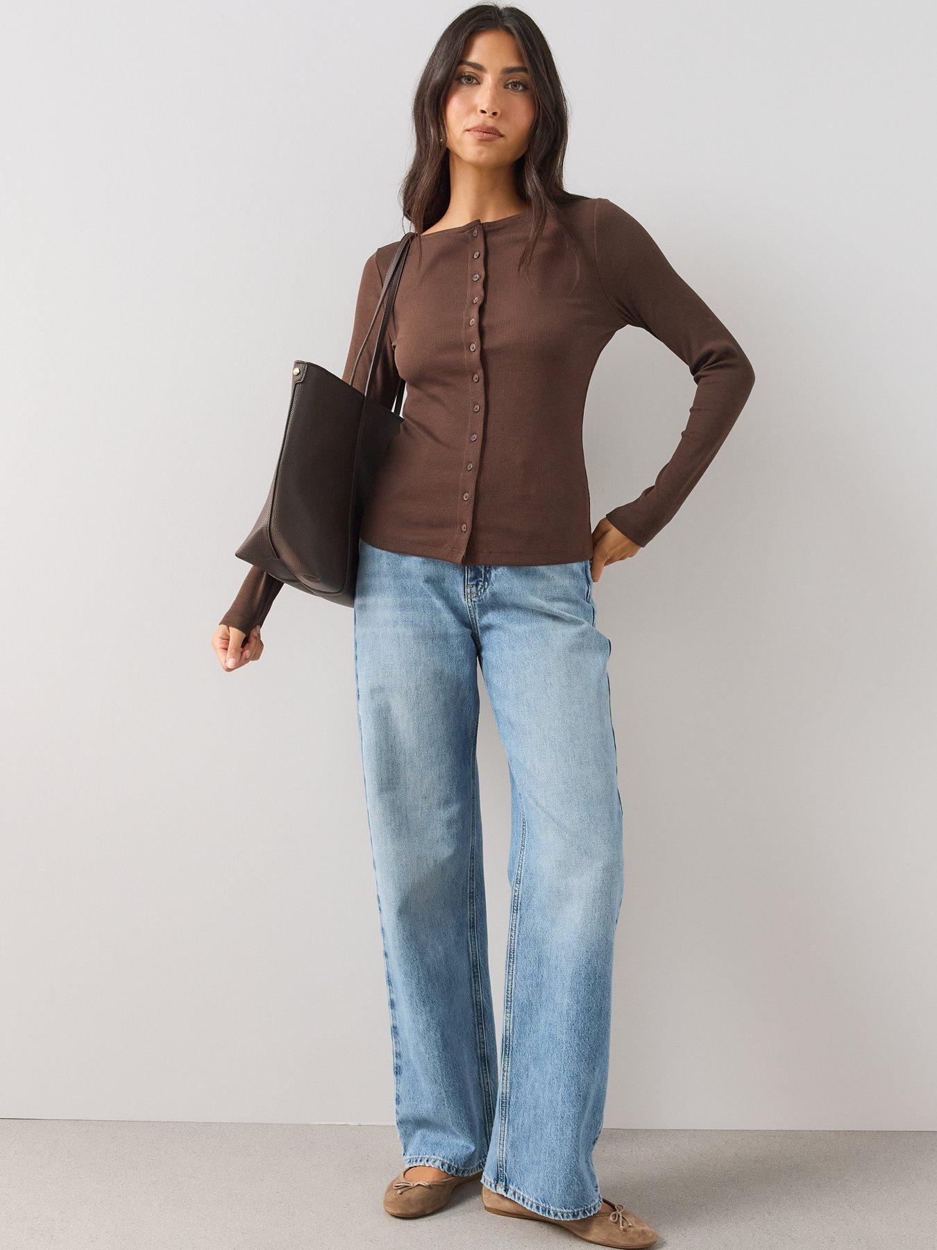 Image 3 of 6 of The Very Collection Rib Button Through Long Sleeve Jersey Top - Brown